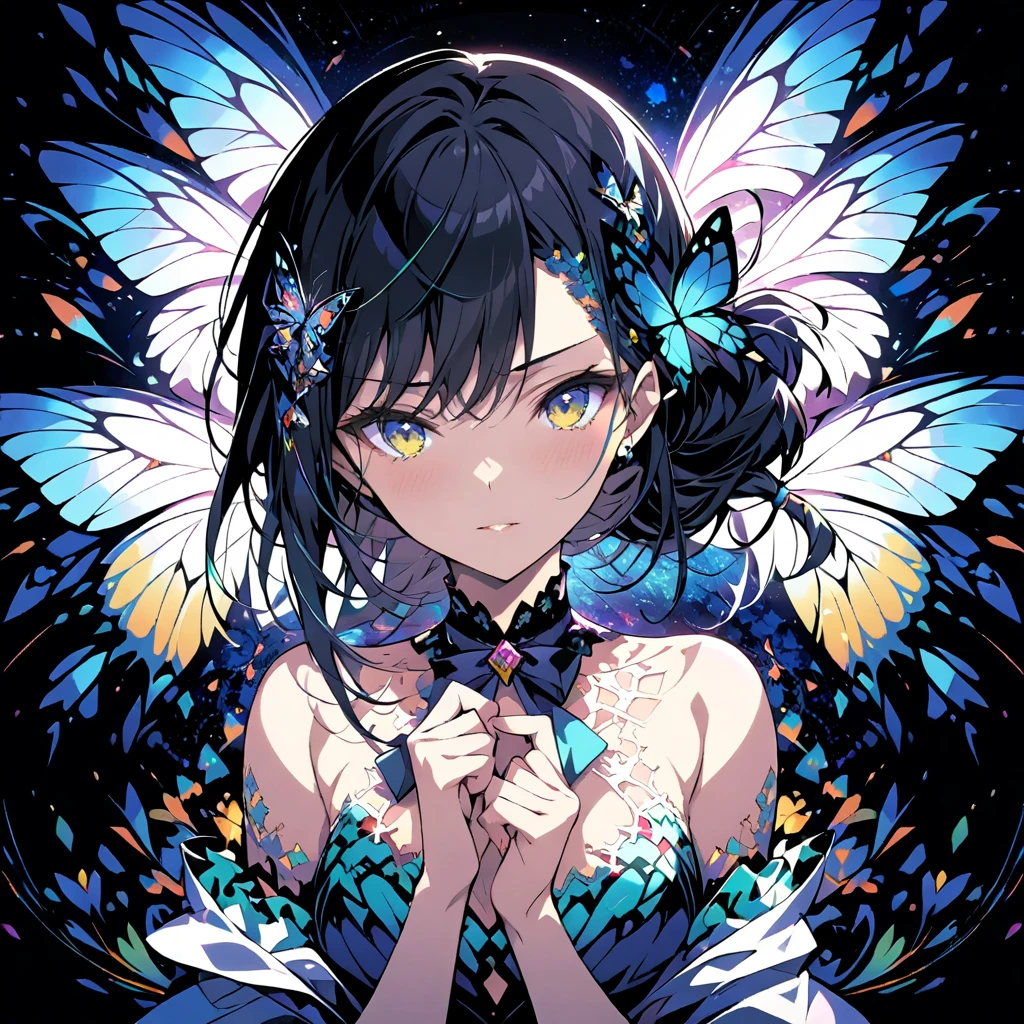 1 person、Mature、Ample breasts、Black Hair、Trimmed bangs、Long Hair、Emerald green eyes、self-healing、Earrings、Jewelry decoration、necklace、bracelet、Paint on the face、Tattoo、butterfly、No clothes、naked、Nipples、Embarrassing、night、Sweat、blush、Look to the side、Nipplesを摘む、Lift the chest、High resolution、Best quality