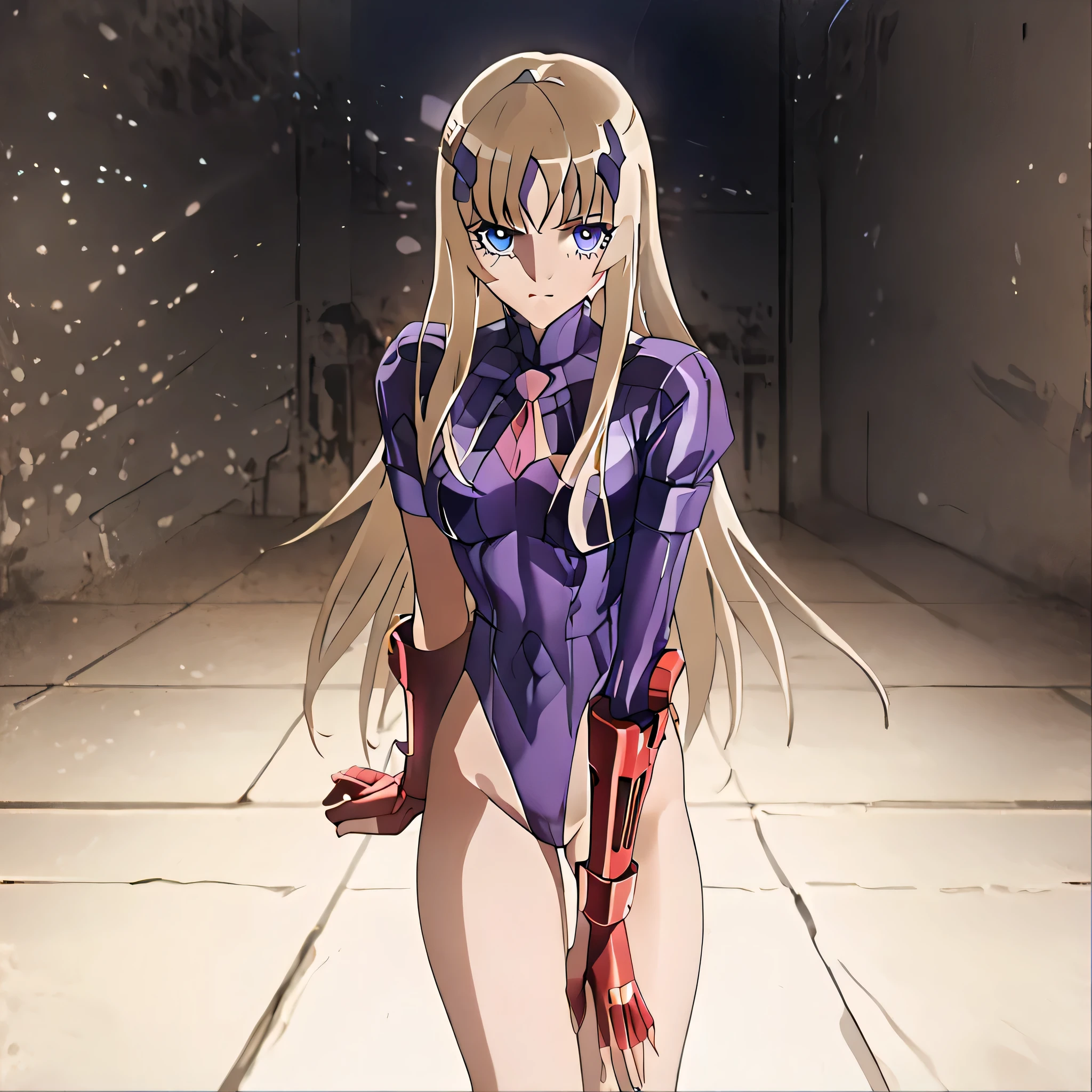 anime, (masterpiece), (best quality), (ultra-detailed), (best illustration), (best shadow), (absurdres), (detailed background), (very aesthetic), shiny, detailed beautiful eyes, outstanding, countershading, detailed soft lighting, an exquisite animation illustration, 1girl, solo, anheang, Dollsuit, thighthigh, dark persona, empty eyes, expressionless, blank eyes, looking at viewer, red gloves, full body, emotionless, Fighting Stance, hair ornament, submissive pose, seductive pose, medium breast, Aquila Yuna, long hair, blonde hair, brown hair, blue eyes, purple eyes, anime coloring, submissive pose, seductive pose, lying down on floor, lying down