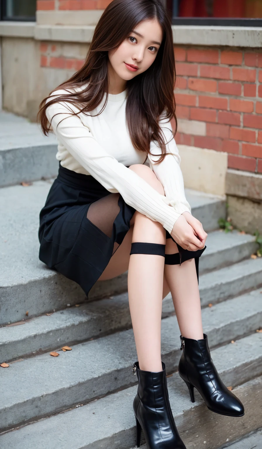 the prettiest face of a 19 year old actress, perfect proportions of female body, sweater shirt is worn, exposed vagina of female crotch between bare legs, sitting on the chair, short skirt is worn without panties, in the city, nsfw, best quality, highly detailed, masterpiece, ultra high res, photo realistic, 8k