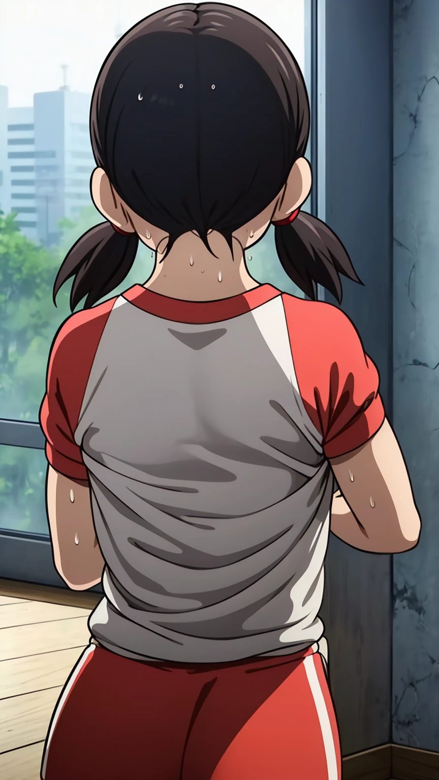 High quality, high resolution CG illustration, girl, white T-shirt and blue jeans, black hair tied back, back view, no background, Japan anime --auto