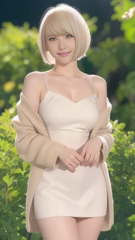 A girl with white skin and short hair。Blonde hair, big dark eyes, wearing summer clothes,Pulling back,Her appearance is impressive, smile,Attracts curious and inquisitive gazes.Selfie, high quality, 4K.