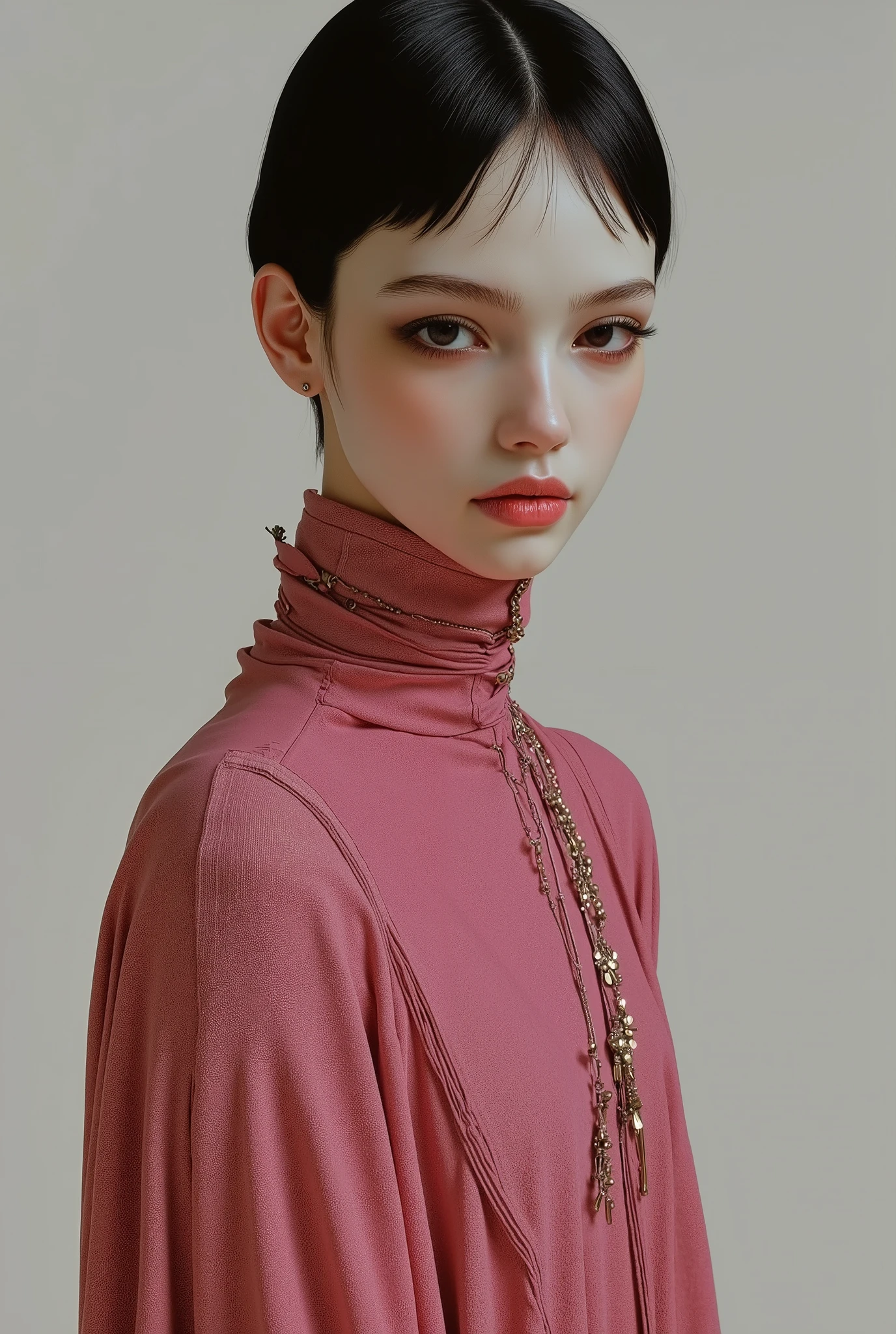 A tall girl with short expresso hair, black eyes with dark circles and a wide nose. rich pink turttleneck outfit