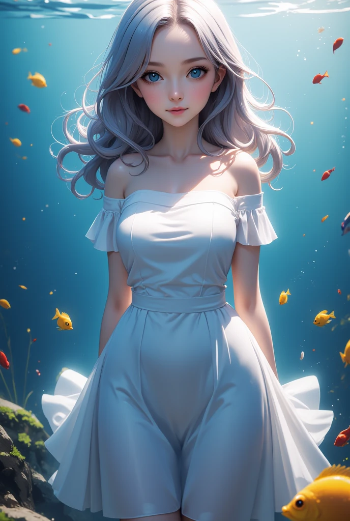 a woman in a white dress standing in a stream of water, concept art by Kilian Eng, trending on cgsociety, fantasy art, glowing water, glowing with magic, charlie bowater art style, glowing aura around her, there is a glow coming from her, kilian eng vibrant colors, beautiful illustration, magically glowing, glowing details!