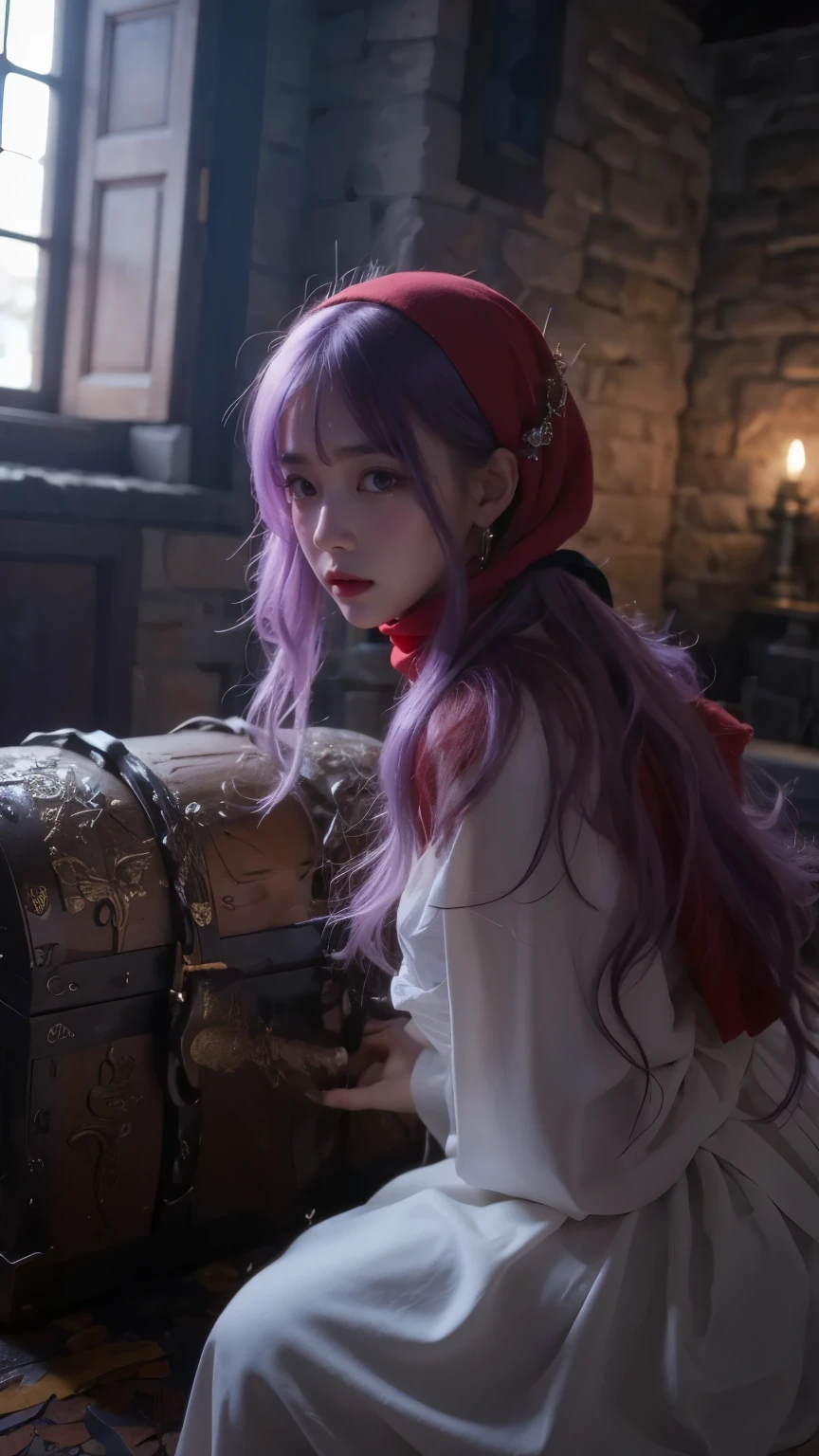 The boy's serious expression . naked clear coat.dq pom , Long Curry . purple hair, earrings.、 TOP QUALITY , bangs , Little head on the street :1.3 Ultra Realistic :1.2 , Masterpiece, TOP QUALITY , More Details, Realistic Lighting .A Broader Perspective. Stone construction、 fantasy . Outdoors