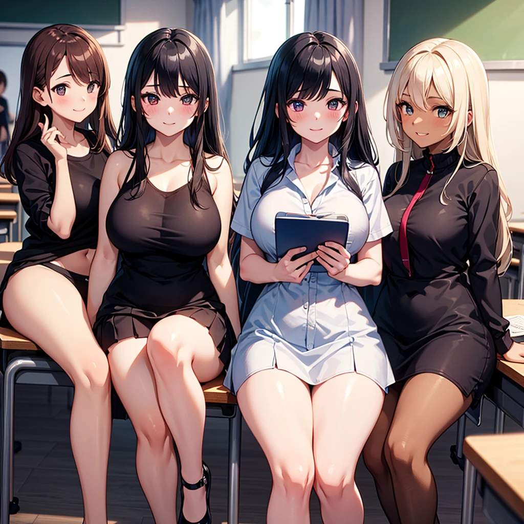 masterpiece, Highest quality, In detail, 5, (beautiful girl), cute, (tits), (A group of high school girls tucking up their skirts to show their panties.), multiple