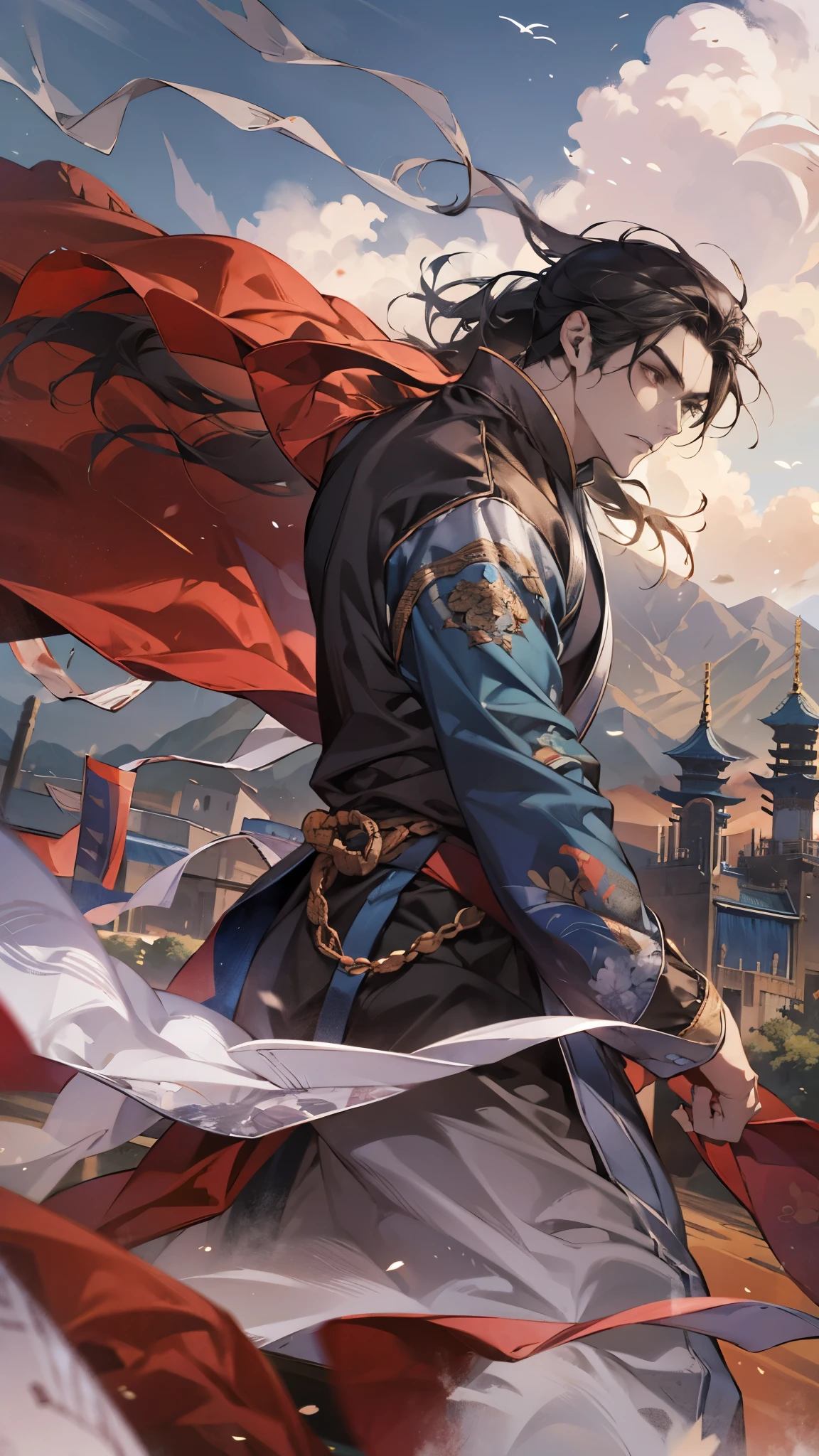 Epic digital painting of a young Chinese man in three-quarter view, wearing modern casual attire with a touch of traditional elements. Outfit includes a stylish black leather jacket with subtle dragon motifs, a fitted red t-shirt, and dark jeans. Long flowing black hair caught in dramatic wind, determined expression with sharp features. Dynamic pose with crossed arms, muscular build. Background features blue sky with white fluffy clouds, distant mountain peaks or castle towers. Red battle flags or banners flowing in wind. Lighting: bright daylight with strong contrast, casting dramatic shadows. Art style: semi-realistic digital painting, high detail, sharp clean lines, cinematic composition, high fantasy aesthetic. Include fabric physics simulation for flowing elements, metallic reflections on any accessories.
