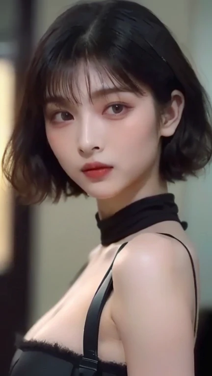Best quality, masterpiece, ultra high res, (photorealistic:1.5), raw photo, 1girl, offshoulder, in the dark, deep shadow, low key, cold light,  look, short hair