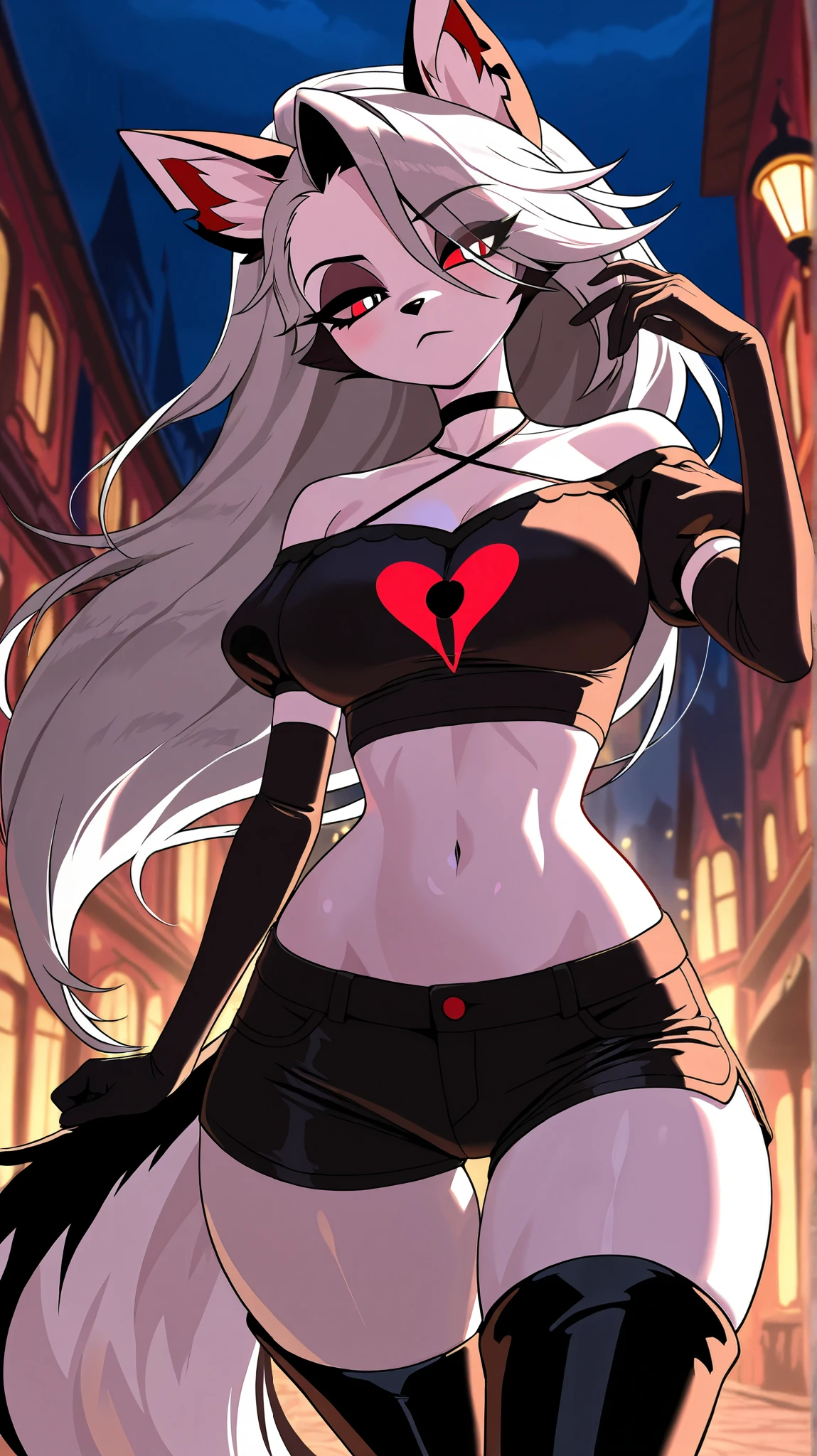 Perfect eyes, perfectly sexy face , extremely detailed, looking at the spectator, red eyes, loona, hazbin hotel, wide hips , animal ear, animal ears , animal nose, tail, shorts brancos, short shorts , thigh boots, short top, apenas_shoulder, Fantasy, night, standing,