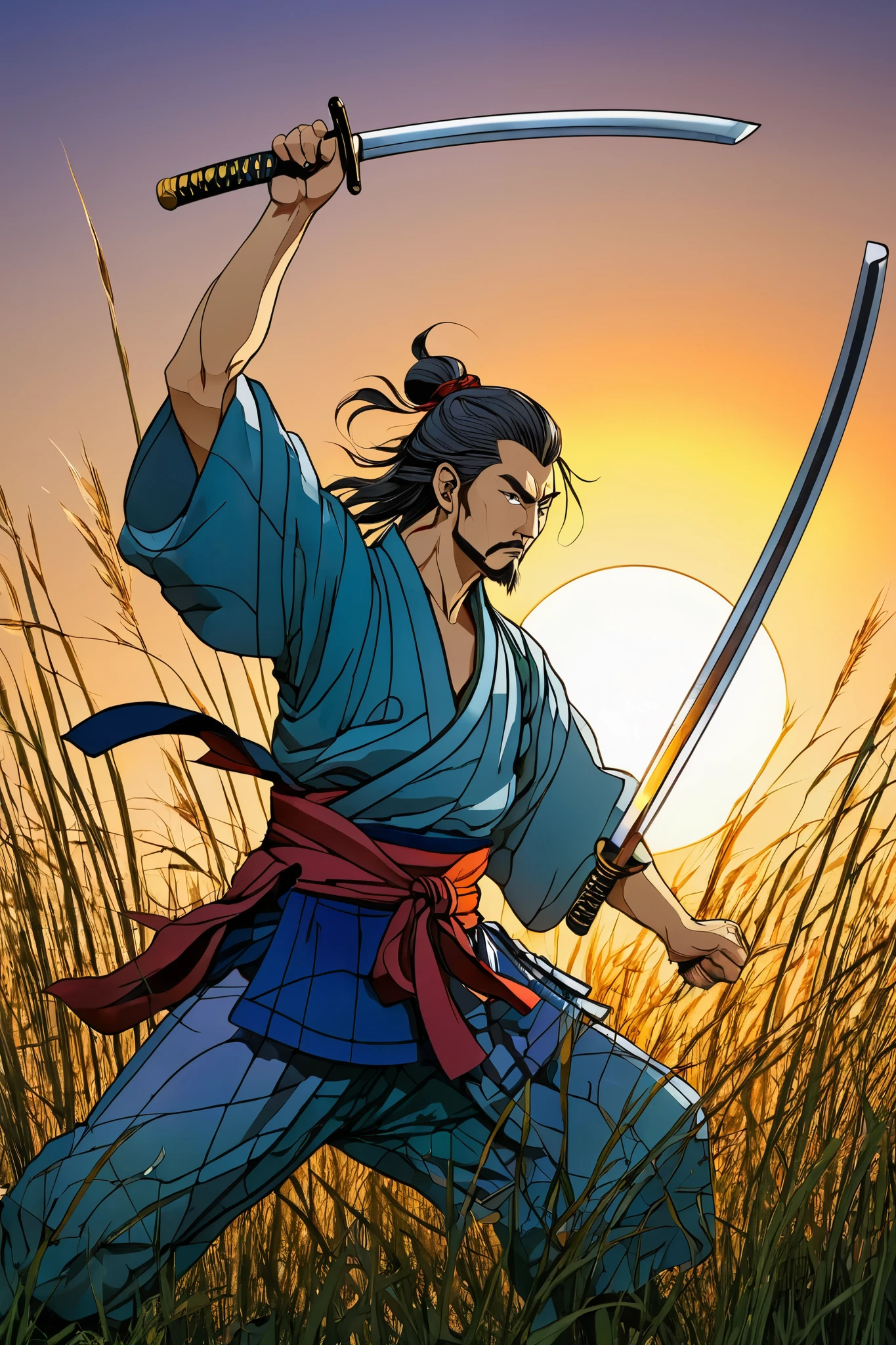 Miyamoto Musashi depicting a sword ready to fight and tall grass against the backdrop of the sunset、very beautiful glass art、 stained glass 、 high quality、最 high quality、 brightly colored、A man with a strong body