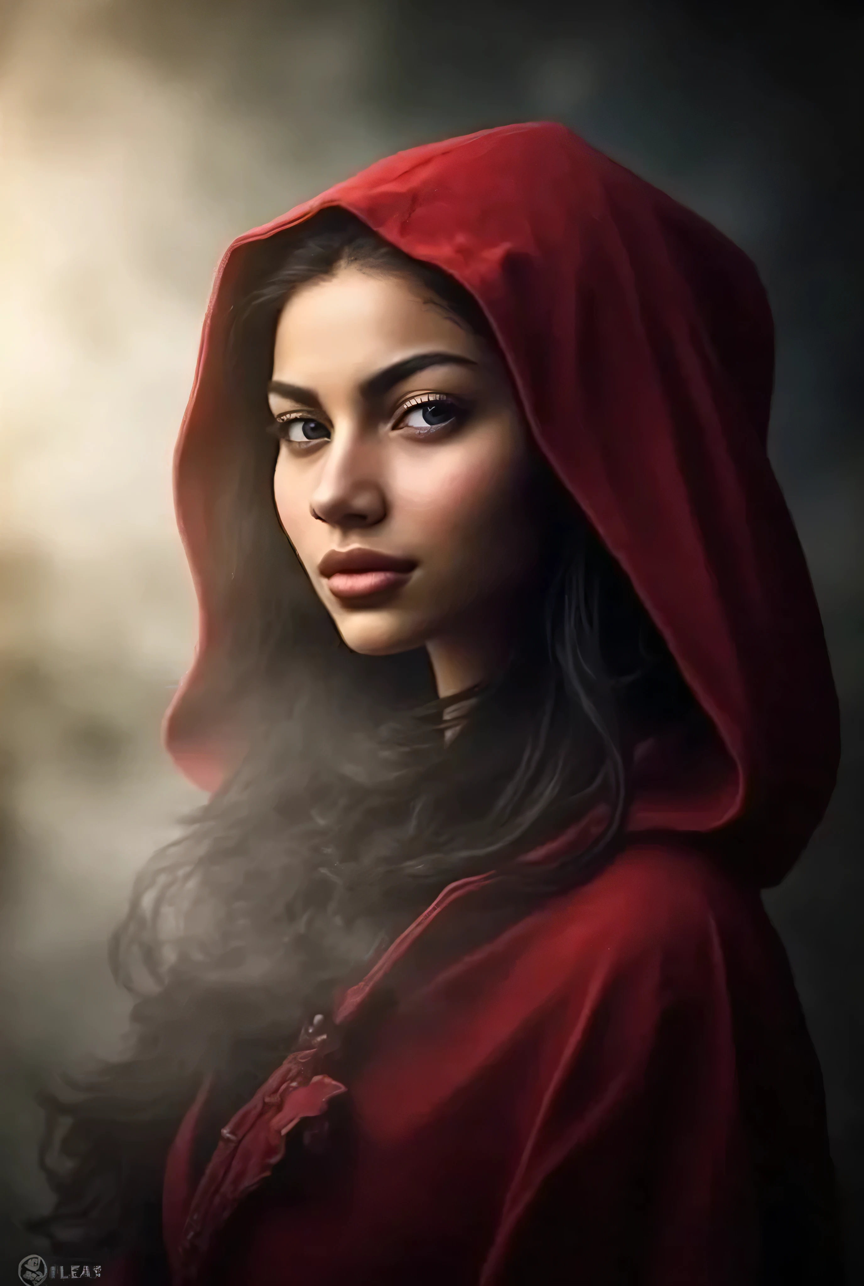 cinematic film still of Little Red Riding Hood a woman in a red hoodie, long hair, looking at viewer, blue eyes, black hair, teeth, hood, blurry, fangs, sharp teeth, glowing eyes, hood up, red hood, closeup, shallow depth of field, vignette, highly detailed, high budget, bokeh, cinemascope, moody, epic, gorgeous, film grain, grainy. smokey fogs, mist