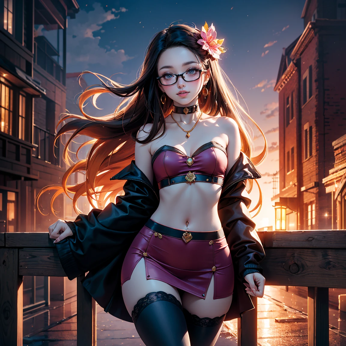 Estilo anime, ................3d, Uma mulher de 27 anos com cabelos marrom na altura dos ombros, brunette and wearing glasses, exibindo um estilo ousado e rock'n'roll. Ela vestindo um vestido de natal vermelho, On his head a red Christmas hat . On the feet, ela usa botas de couro preto com fivelas e sola robusta. Your hair a little messy, complemented by an intense red lipstick and black eyeliner that enhances your eyes. Ela possui seios pequenos e um olhar sedutor.