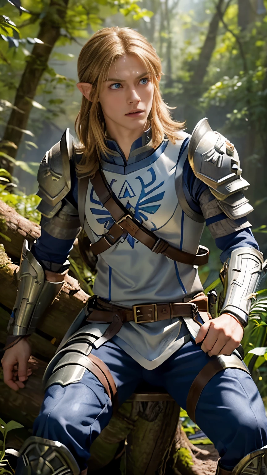 Full body photograph, very detailed, live Action, ultra-realistic digital portrait of Link from Twilight Princess, very detailed facial features, piercing blue eyes. His body type is masculine, with well-trained, slim muscles. Sharp jawline, disheveled golden hair, wearing full armor as sits down on a tree log, in a great forest.
