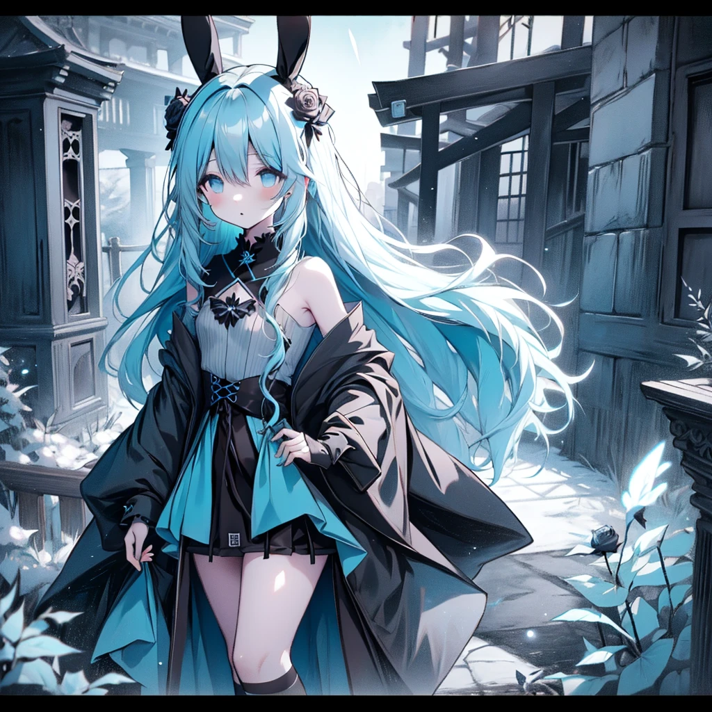 rainforests,tree house,Big-tailed wolf,blue color eyes,grey long hair,female,Thin clothes,Stand next to the house