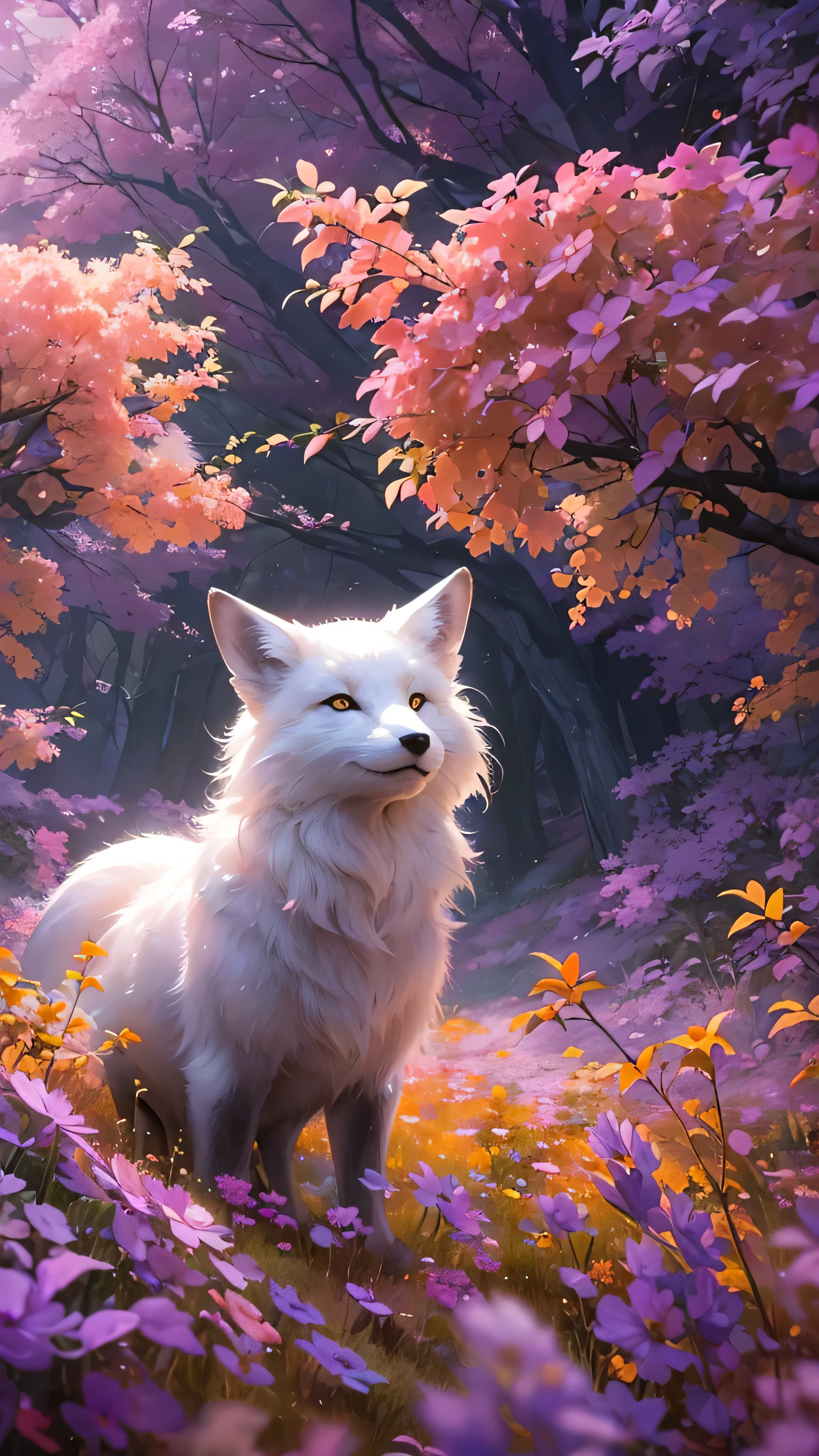  in high definition、Creature Photos, Beautiful white fox ,  magic fantasy forest ,  Digital Art , most amazing artwork in the world, (( not human)), Flower field in the forest  ,  soft and well-balanced orange color, Forest Scenery,  vines,  ultra high resolution,  8k octane rendering , Magical, wondrous,  flowers can be seen in seven colors , complicated , complicatedな , complicatedな design,  ultra sharp , Shadow, Cool colors,  CG society trend , Shining Eyes, (( top quality)), (( Masterpiece)), (  Details), 