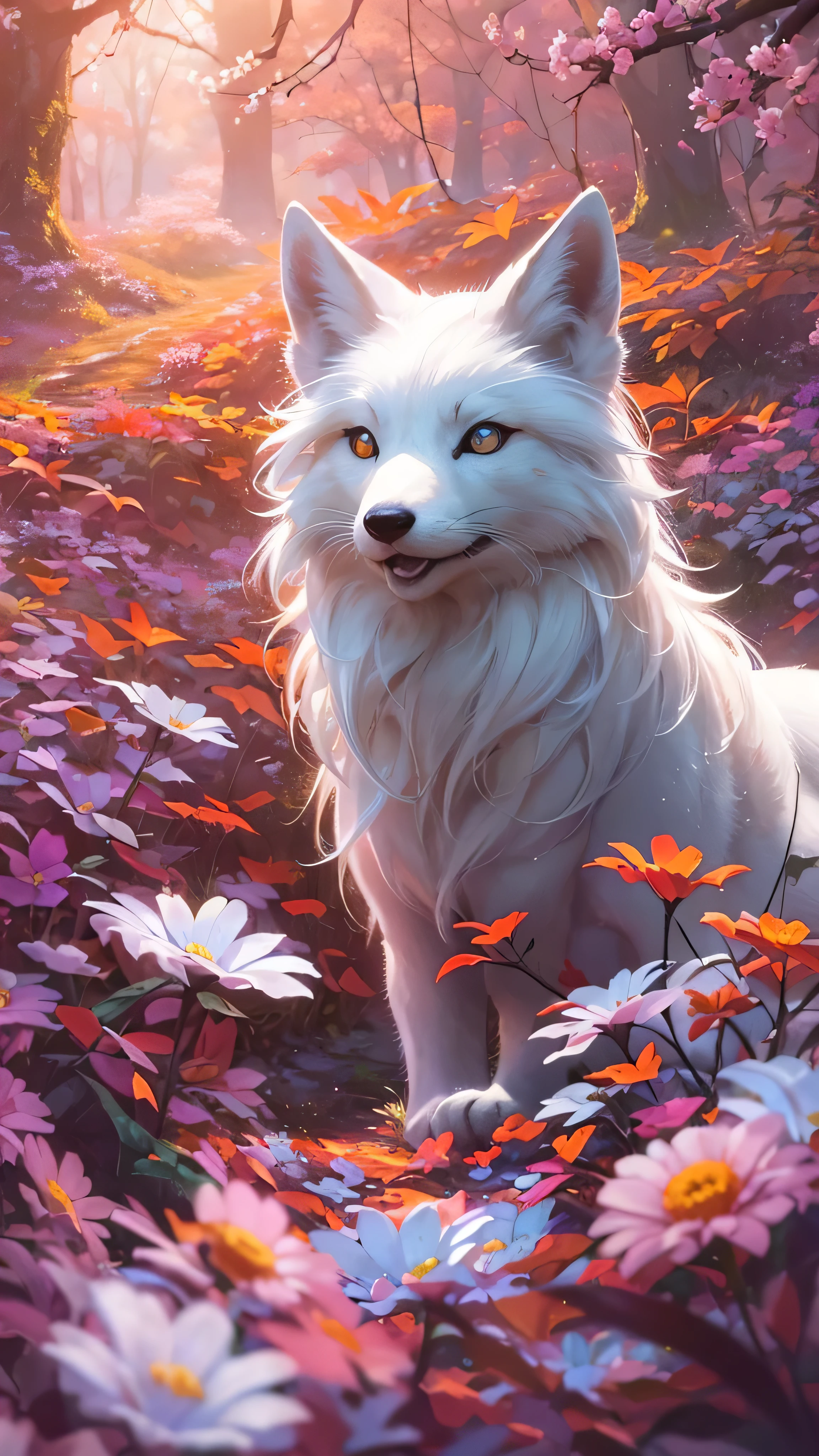  in high definition、Creature Photos, Beautiful white fox ,  magic fantasy forest ,  Digital Art , most amazing artwork in the world, (( not human)), Flower field in the forest  ,  soft and well-balanced orange color, Forest Scenery,  vines,  ultra high resolution,  8k octane rendering , Magical, wondrous,  flowers can be seen in seven colors , complicated , complicatedな , complicatedな design,  ultra sharp , Shadow, Cool colors,  CG society trend , Shining Eyes, (( top quality)), (( Masterpiece)), (  Details), 
