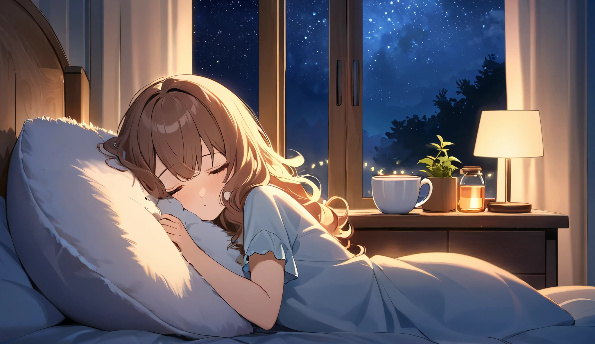 "A peaceful and cozy bedroom at night, illuminated by soft warm fairy lights and a small bedside lamp. A young girl with long, wavy hair sits on a fluffy bed, hugging a pillow while gazing at the starry sky through a large window. A sleepy cat curls up beside her, and a steaming cup of herbal tea rests on a wooden nightstand. The atmosphere is warm, dreamy, and perfect for relaxation and deep sleep."