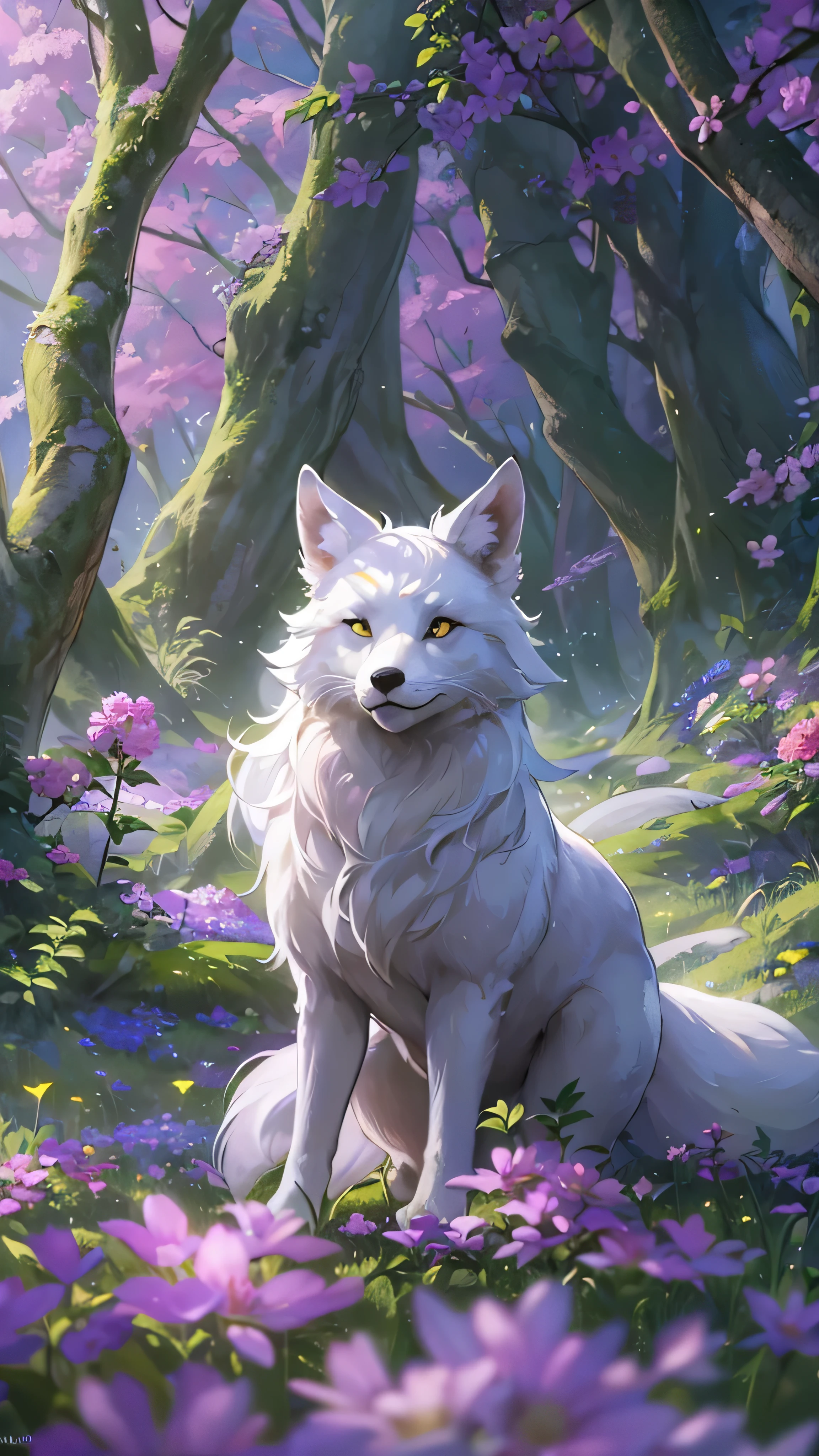 in high definition、Creature Photos, Beautiful white fox ,  magic fantasy forest ,  Digital Art , most amazing artwork in the world, (( not human)), Flower field in the forest  ,  soft and well-balanced orange color, Forest Scenery,  vines,  ultra high resolution,  8k octane rendering , Magical, wondrous,  flowers can be seen in seven colors , complicated , complicatedな , complicatedな design,  ultra sharp , Shadow, Cool colors,  CG society trend , Shining Eyes, (( top quality)), (( Masterpiece)), (  Details), 