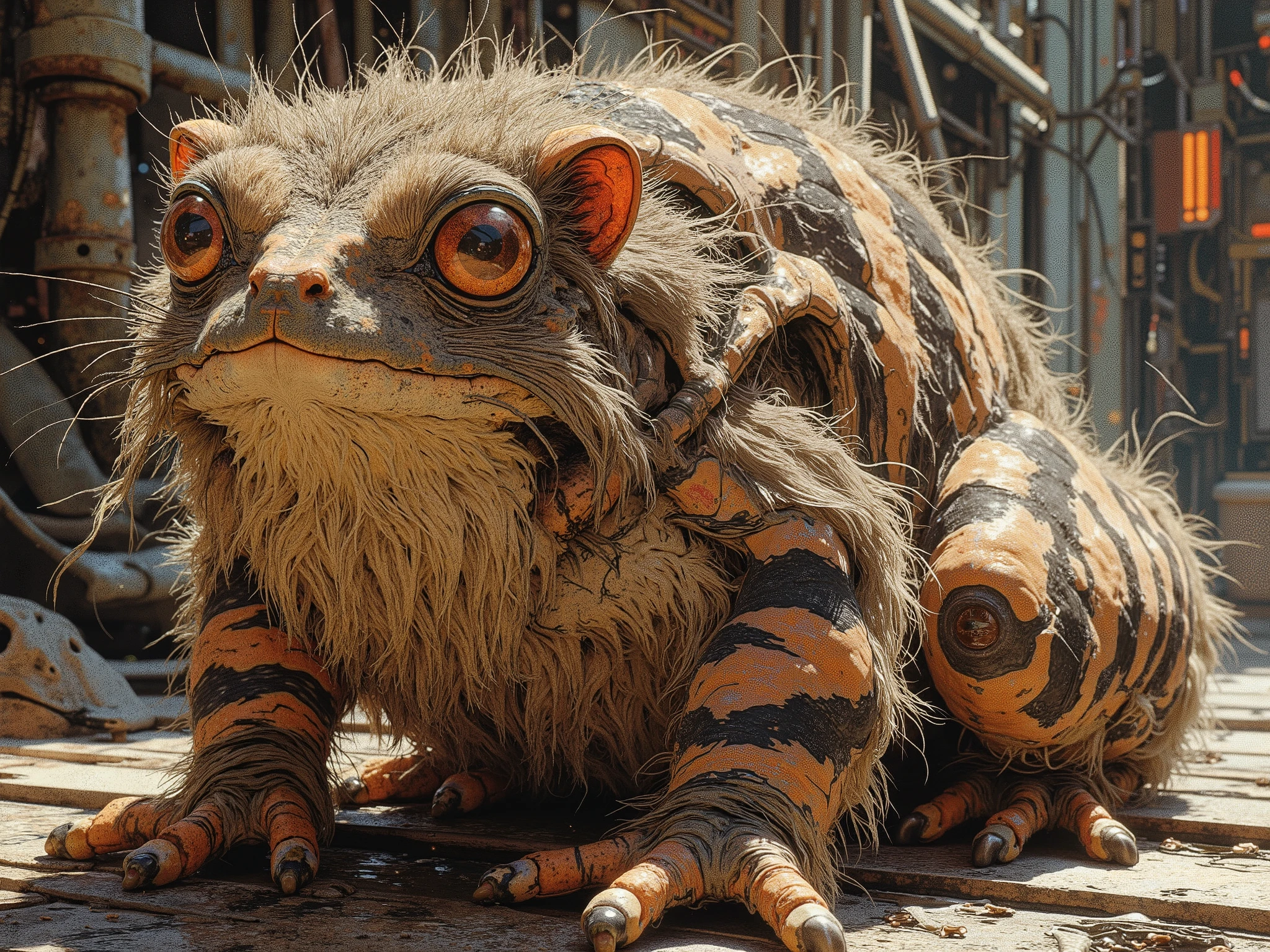 Hairy frog, with fur, with striped hair, a cross between a cat and a frog, with cat eyes