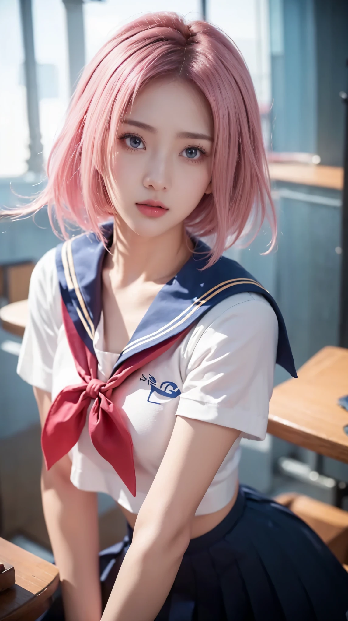 score_9,score_8_and_above,score_7_and_above,8k, beautiful face, detailed face, detailed eyelashes, can have eyebrows, 1 girl, light makeup, outdoors, Busan city, Korea (faint), short pink hair (Sakura Haruno), slim waist, wide hips, super large breasts, slightly visible breasts, shiny thin pink lips, (complex), sailor outfit, tight clothes, dark blue striped sailor collar, pleated skirt, dark blue mini skirt, large bow tie on the chest, red tie with gold brooch, long gloves, (Sailor Moon),
A portrait of a young Asian girl with short, very realistic pink hair. Each strand of her hair looks natural with a soft texture and realistic lighting effects. Her face has very fine skin details, with professional pores and lighting. Her eyes are blue with natural light reflections, thick and natural eyelashes, and light makeup that accentuates her beauty. She is wearing a detailed sailor uniform, with realistic fabric folds, clear fabric texture, and the background is a faint urban street.