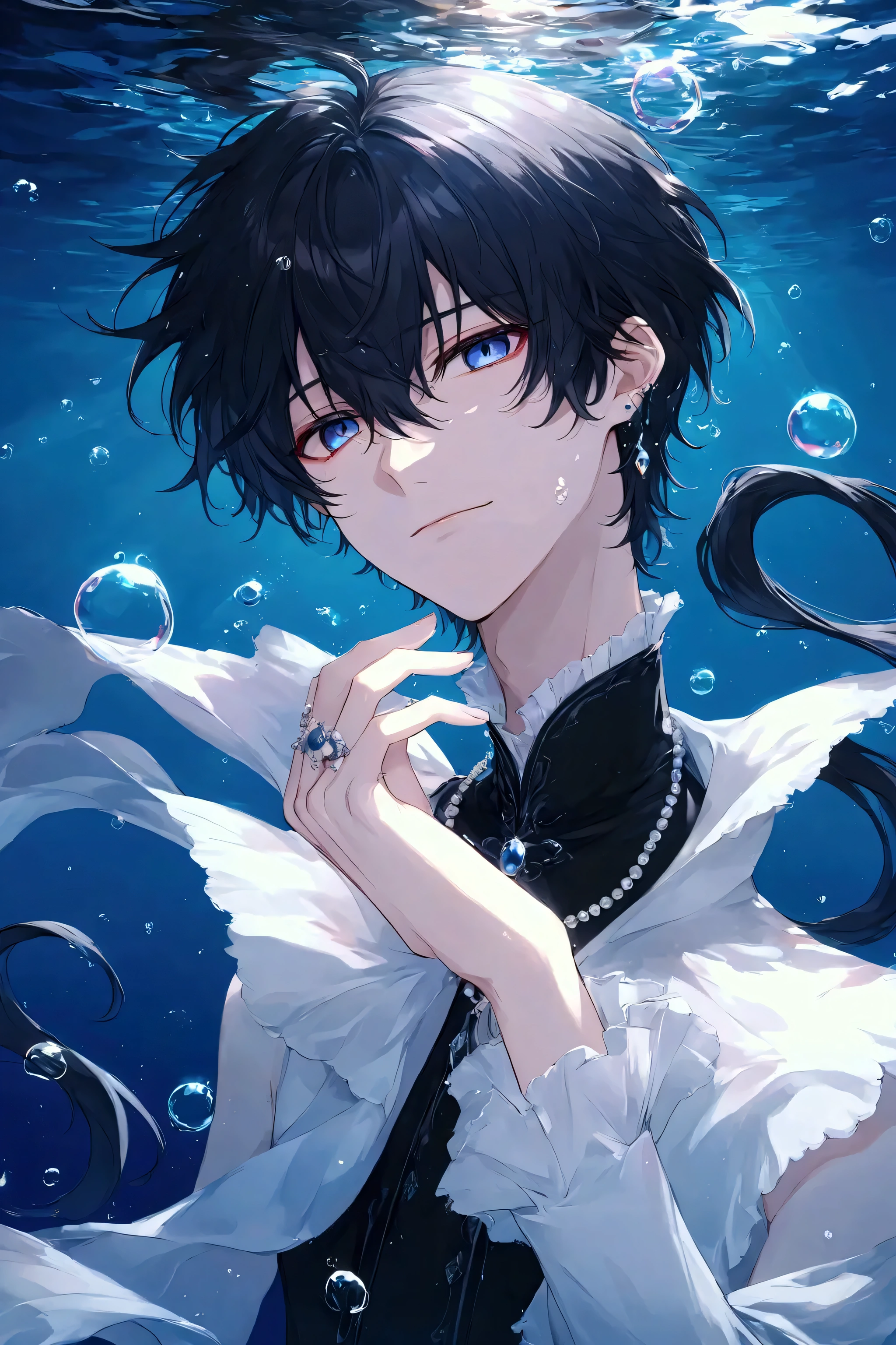"A breathtaking, ultra-detailed anime illustration of a lone male character with a sorrowful smile and in his deep blue eyes. His shimmering black hair glistens like a rare black pearl, reflecting the mysterious depths of the ocean. He wears an elegant dark outfit adorned with pearl-like embellishments, evoking the essence of the deep sea. The background features an ethereal underwater scene, illuminated by faint bioluminescent glows, with drifting bubbles and soft rays of light filtering from above. The atmosphere is melancholic yet mesmerizing, blending fantasy and realism in the highest quality Pixiv-style anime art."


