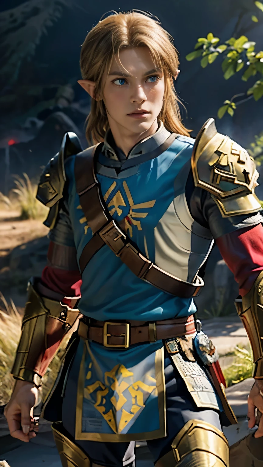 Full body photograph, very detailed male, live Action, ultra-realistic digital portrait of Link from Twilight Princess wearing red, very detailed facial features, piercing blue eyes. His body type is masculine, with well-trained, slim muscles. Sharp jawline, disheveled (golden hair), ((wearing a (red tunic) with bronze armor pauldrons, in an ash mountain volcano-like setting))