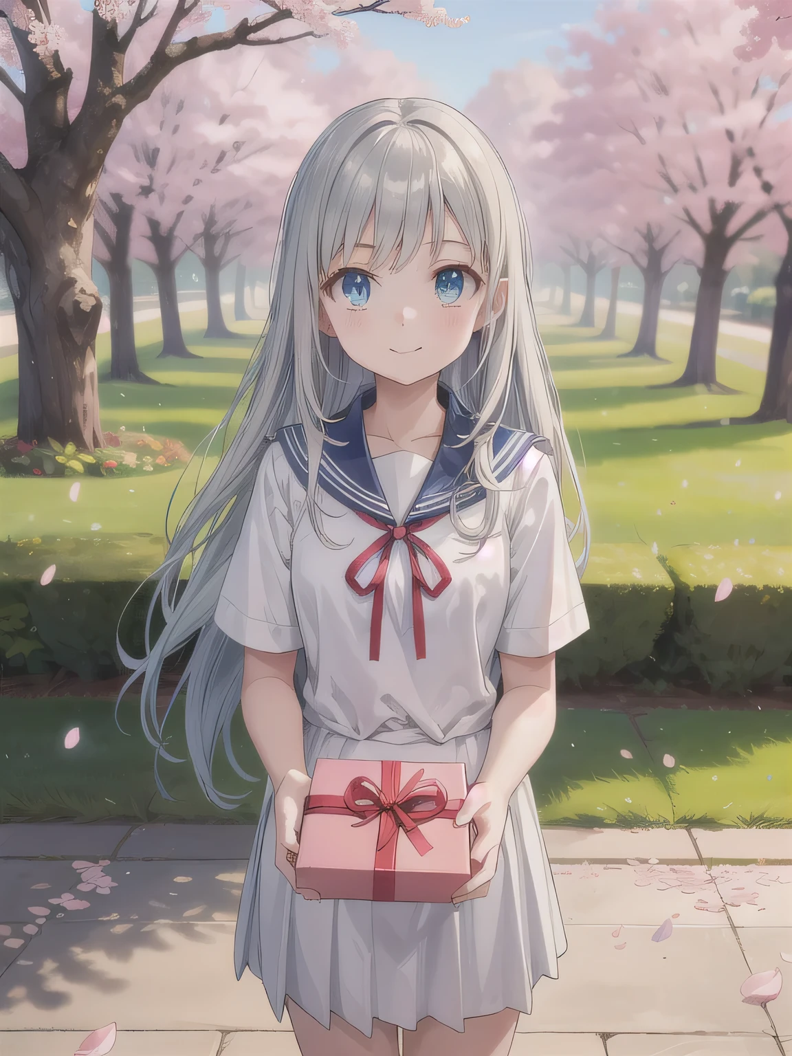 long hair, blue eyes, Grey Hair , smile,
A stunningly beautiful 20-year-old woman stands in a lush green park full of cherry blossoms in full bloom under a clear blue sky. She is wearing a classic sailor uniform and holds a neatly wrapped gift box with a red ribbon in both hands in front of her chest. The box is small, wrapped in decorative paper, and tied with a bow. She looks very happy, with a radiant and joyful expression.A stunningly beautiful 20-year-old woman stands in a lush green park full of cherry blossoms in full bloom under a clear blue sky. She is wearing a classic sailor uniform and holds a neatly wrapped gift box with a red ribbon in both hands in front of her chest. The box is small, wrapped in decorative paper, and tied with a bow. She looks very happy, with a radiant and joyful expression.