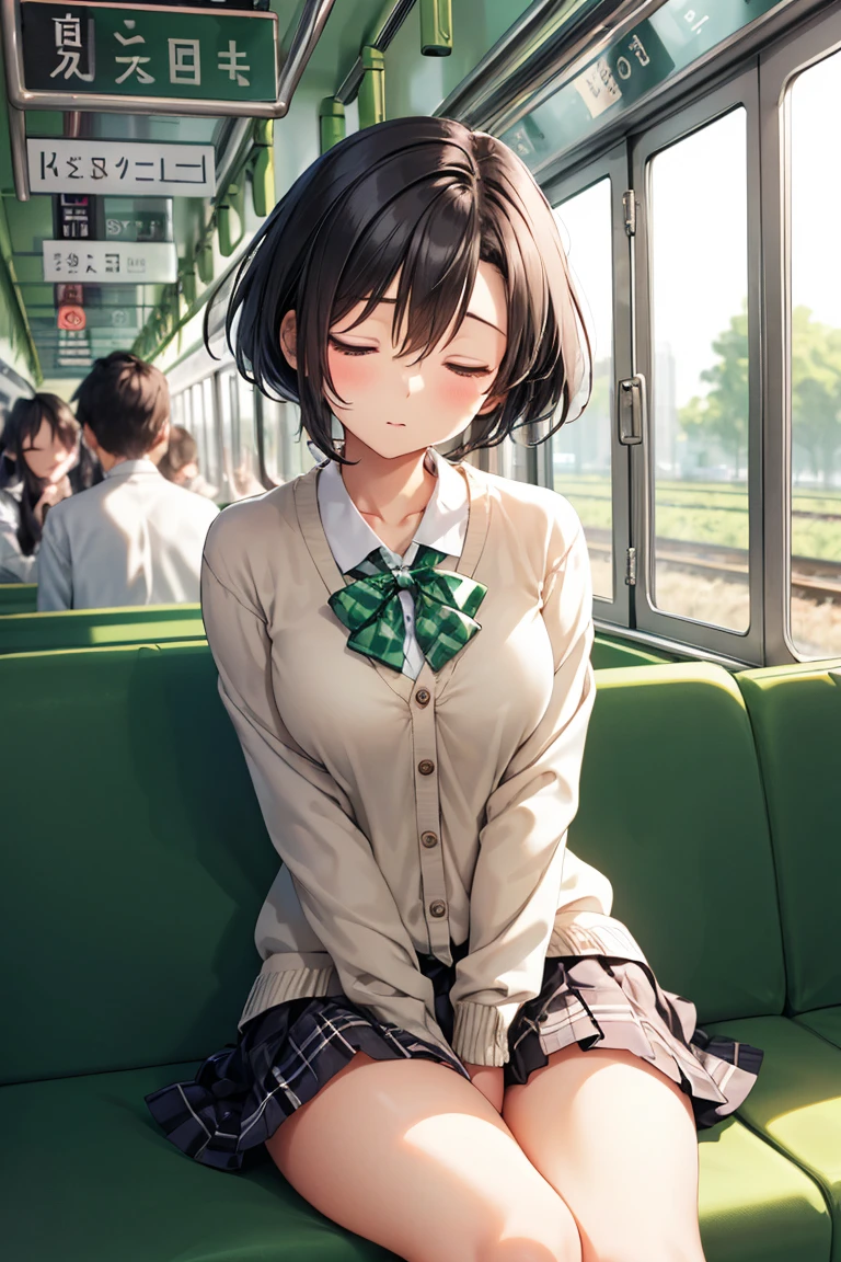 masterpiece、highest quality、Very detailed、Photograph the upper body、1 female、(Put your arms behind your back:1.2)、Are standing、Turn your body forward、View your viewers、(Bus Guide、Green women's suit、Green mini hat)、break,blush、shy、Pink Hair、Open your mouth、Inside the bus、Big Breasts、