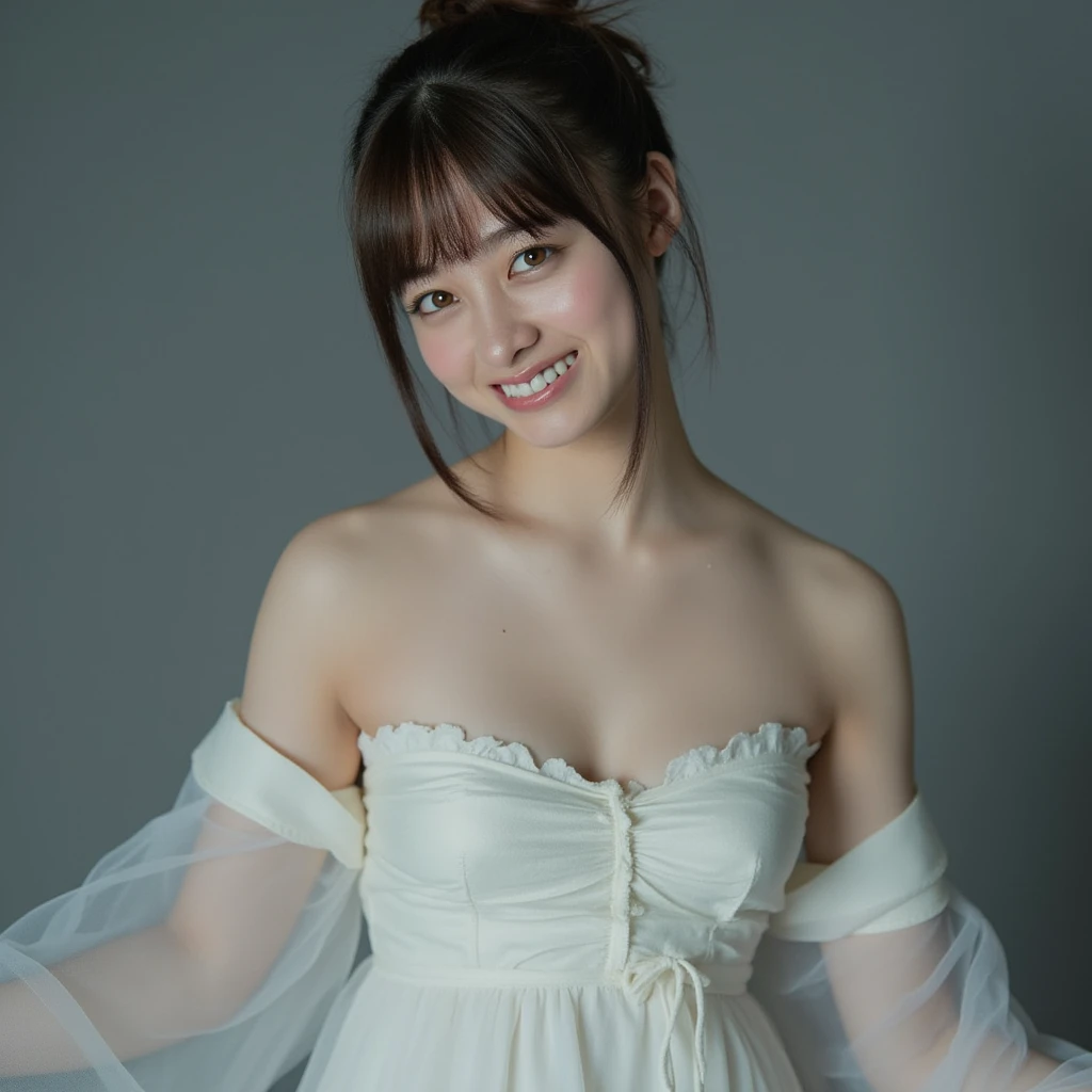 (8K、Raw photo、highest quality、masterpiece:1.2)、(realistic、Photoreal)、1 girl、((yellow magical girl costume、off shoulder、mini skirt、boots、frills、ribbon、big breasts、Seen from the front、forest))、smile、lots of eyelashes、Glitter on your eyelids、skeletally correct