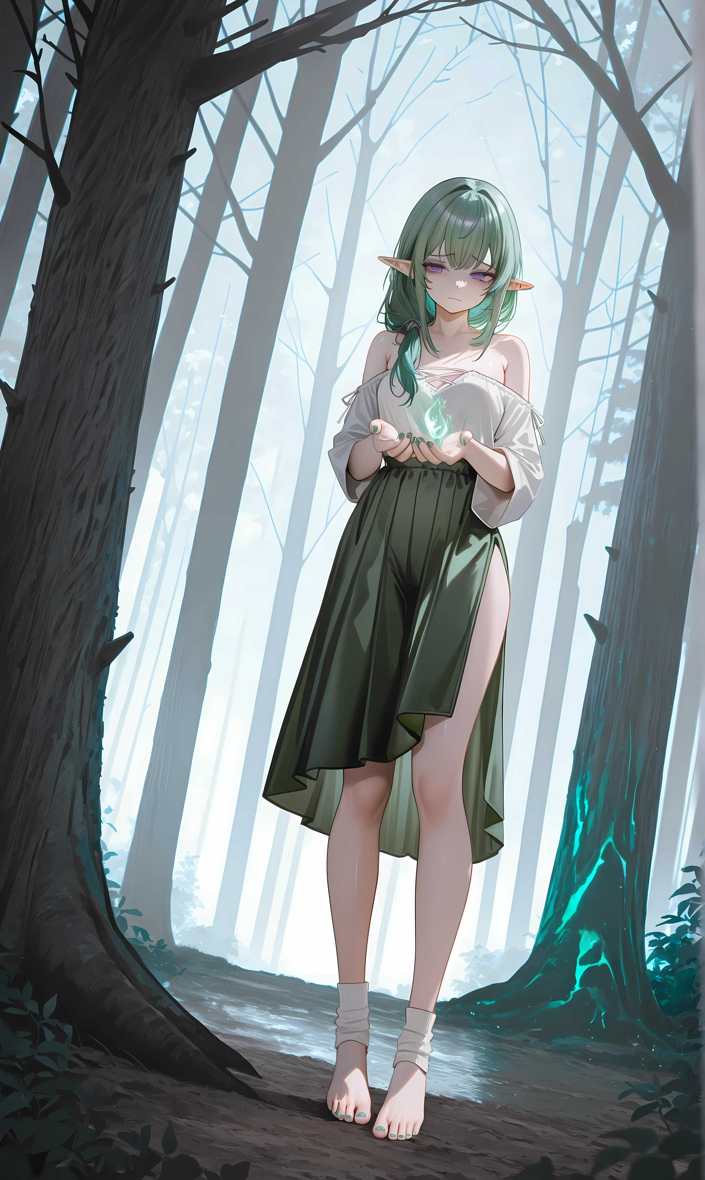 1girl, barefoot, feet, toes, purple eyes, solo, standing, elf girl, toenails, nail polish, nailed, bare shoulders, toenail polish,legs, foreshortening, bare legs, standing, looking at viewer, nails, off shoulder,john kafka, semi close-up,,,masterpiece, best quality, absurdres, newest, very aesthetic, amazing quality,highres,sensitive,elf Girl, female elf, dynamic angle, sharp focus, depth of field, bokeh((touching tree)), (((magic forest))) forest,barefoot shiny skin, traight-on, thick outlines, slender body round breasts, small breasts, breasts togethershort stature body type Pointy Ears, dress
pastel-green hair:1.5, green hair, (sad, closed mouth:1.3))), ((closed eyes)), ((one hand on tree)) ((Green Hair, Hair Over Shoulder)), rating safe, safe, green long skirt, white barefoot socks, dead nature, dead forest, dark forest, lost in the forest, restoring nature energy