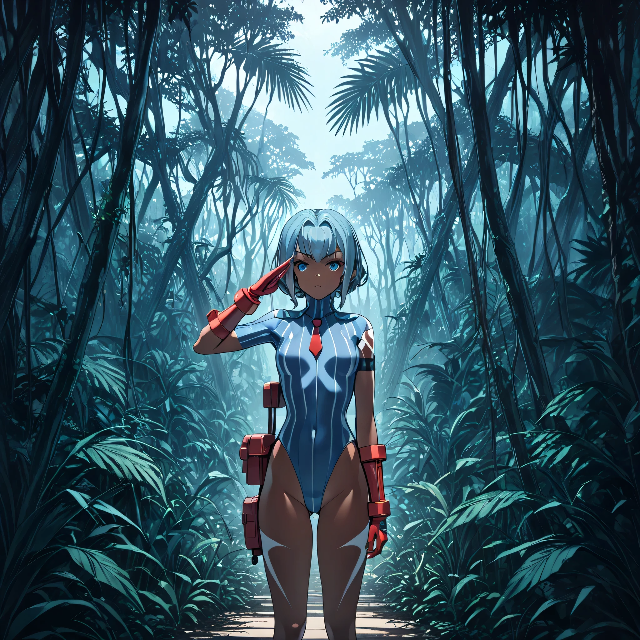 anime, (masterpiece), (best quality), (ultra-detailed), (best illustration), (best shadow), (absurdres), (detailed background), (very aesthetic), shiny, detailed beautiful eyes, outstanding, countershading, detailed soft lighting, an exquisite animation illustration, (((2girl, multiple girls))), anheang, Dollsuit, thighthigh, dark persona, empty eyes, expressionless, blank eyes, looking at viewer, red gloves, full body, emotionless, Fighting Stance, hair ornament, Dark skinned, dark skin, tattoo, blue eyes, light blue hair, medium hair, small breast, jungle background, salute, saluting