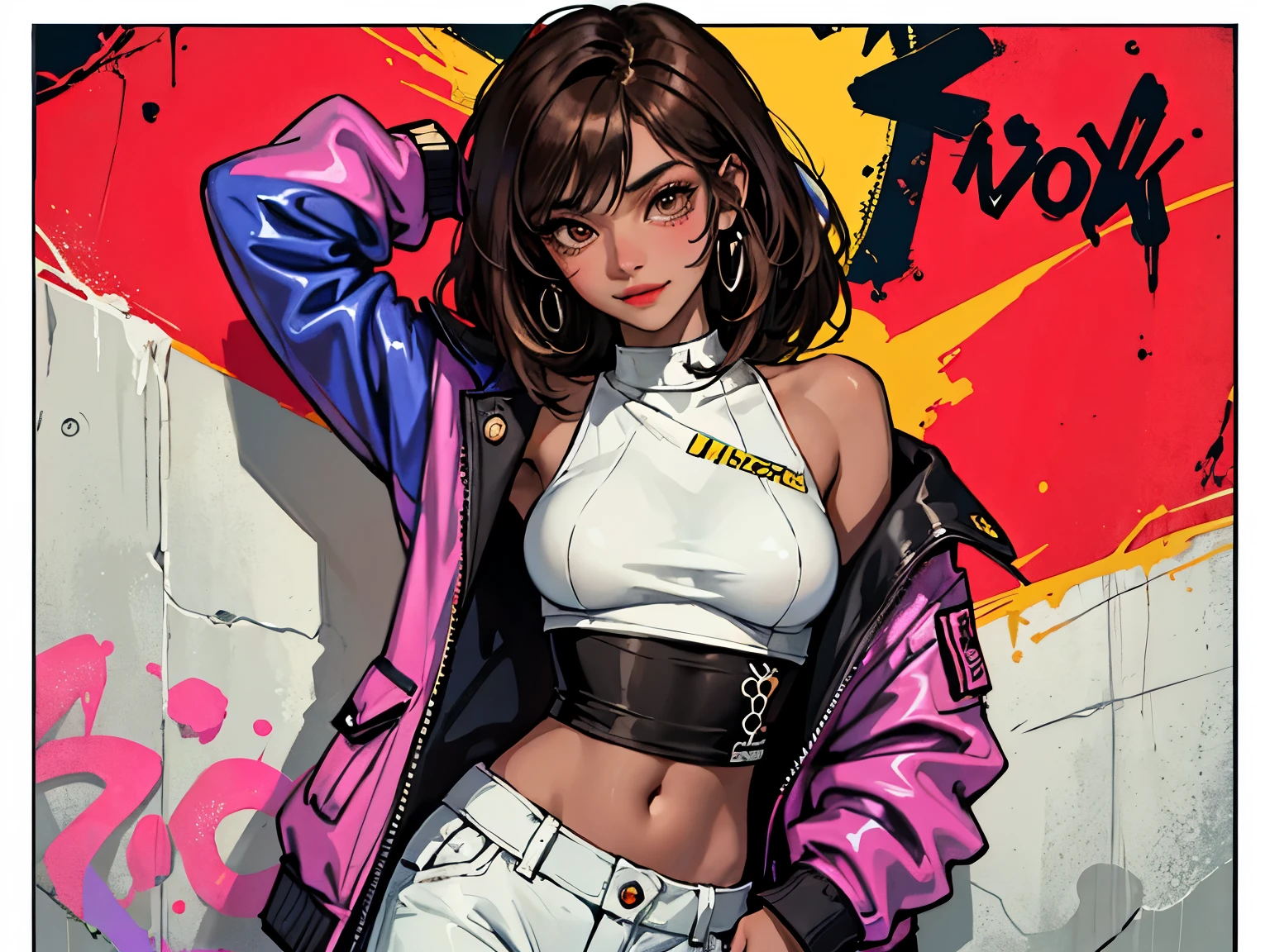 The most beautiful and sexy punk rock girl, black Afro, cabello color arco iris, ojos amarillos, (((dark skin))), usar una sudadera con capucha, Graphic design jacket and torn skinny jeans, toneladas de tatuajes y piercings, Obra maestra perfecta, alta calidad, High resolution, big tits