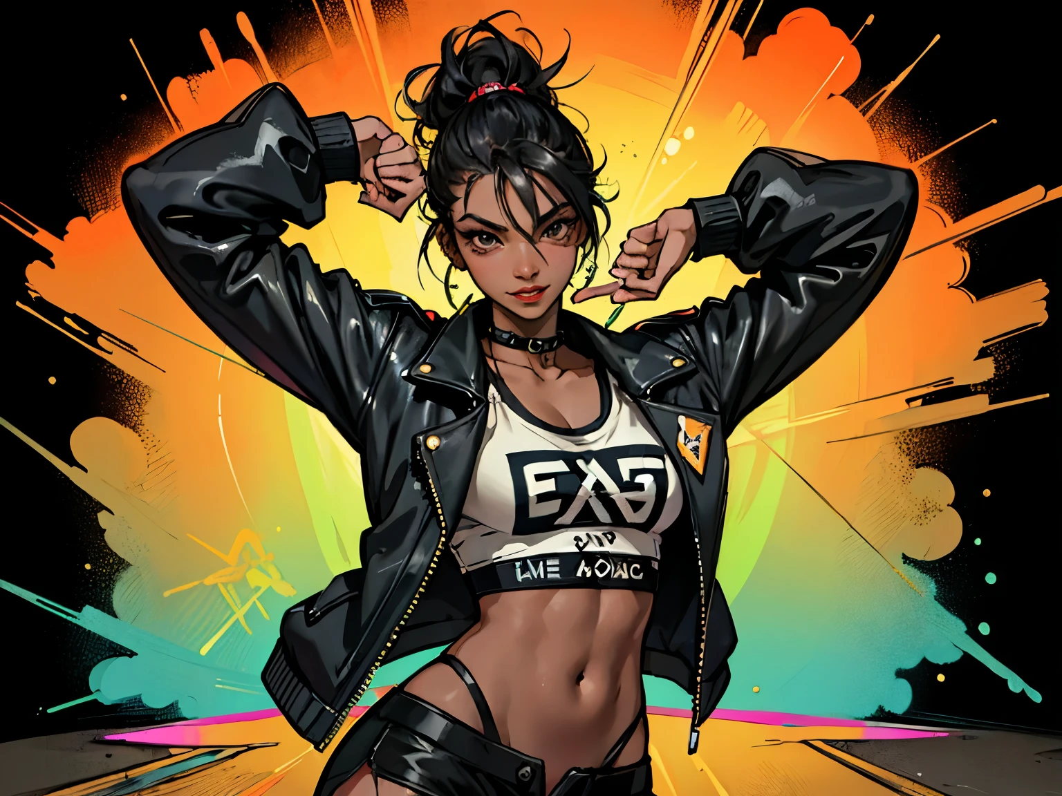 Loba from apex legends, looking_at_viewer, smile, cleavage, jewelry, jacket, upper_body, earrings, grey_background, mole, bracelet, piercing, white_jacket, ear_piercing, grey_jacket, straight-on, gold_choker