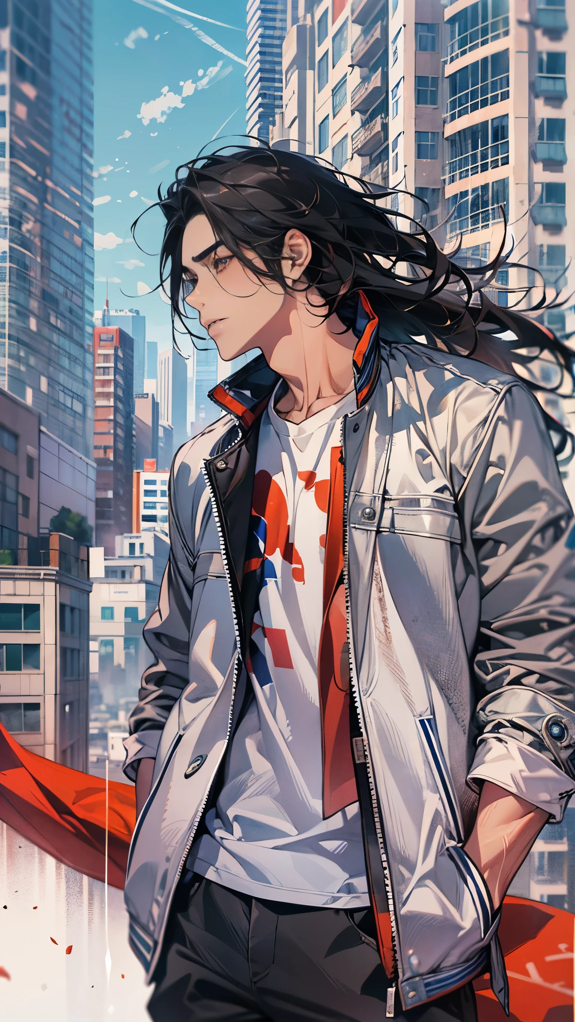 Digital painting of a young Chinese man in a modern casual outfit, wearing a stylish black leather jacket with red accents and a simple white t-shirt underneath. Long flowing black hair caught in a gentle breeze, with a confident and relaxed expression. Casual pose with arms crossed, athletic build. Background features a cityscape with blue sky and modern buildings. Red banners or flags subtly integrated into the scene. Lighting: bright daylight with soft shadows. Art style: semi-realistic digital painting, high detail, clean lines, contemporary urban aesthetic. Include fabric texture details and subtle reflections on the leather jacket.