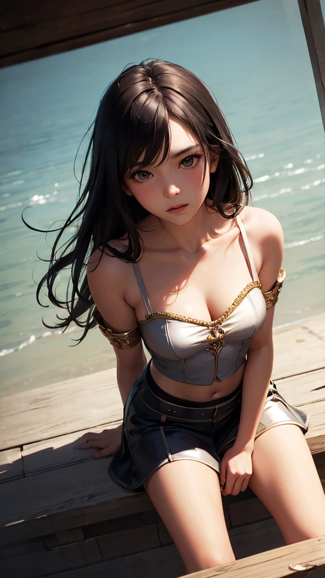 full hd 8k, Girl standing in front of a dark night scene, full moonlight reflecting on her beautiful face. Her long, silky hair was gently blown by the night wind, creating a gentle and romantic feeling. She is walking on a large beach. She looked up at the starry sky, as if searching for something, her eyes showing a pensive and lonely look. The full moon shines in the night sky creating a beautiful scene. The girl has long, silky hair, creating a luxurious and noble beauty. The moonlight shines on the girl's delicate face, highlighting her large, round light brown eyes, creating a natural, gentle beauty. She wore a little sexyly red skirt to create a sexy beauty. Her plumble breasts were exposed, revealing her plumble and extremely sexy breasts. These images capture detailed panoramic portraits and views of the sky and sea. All create a beautiful, wonderful picture that makes people unable to take their eyes off the scene. All of these details are depicted clearly and sharply, creating sexyly poses,