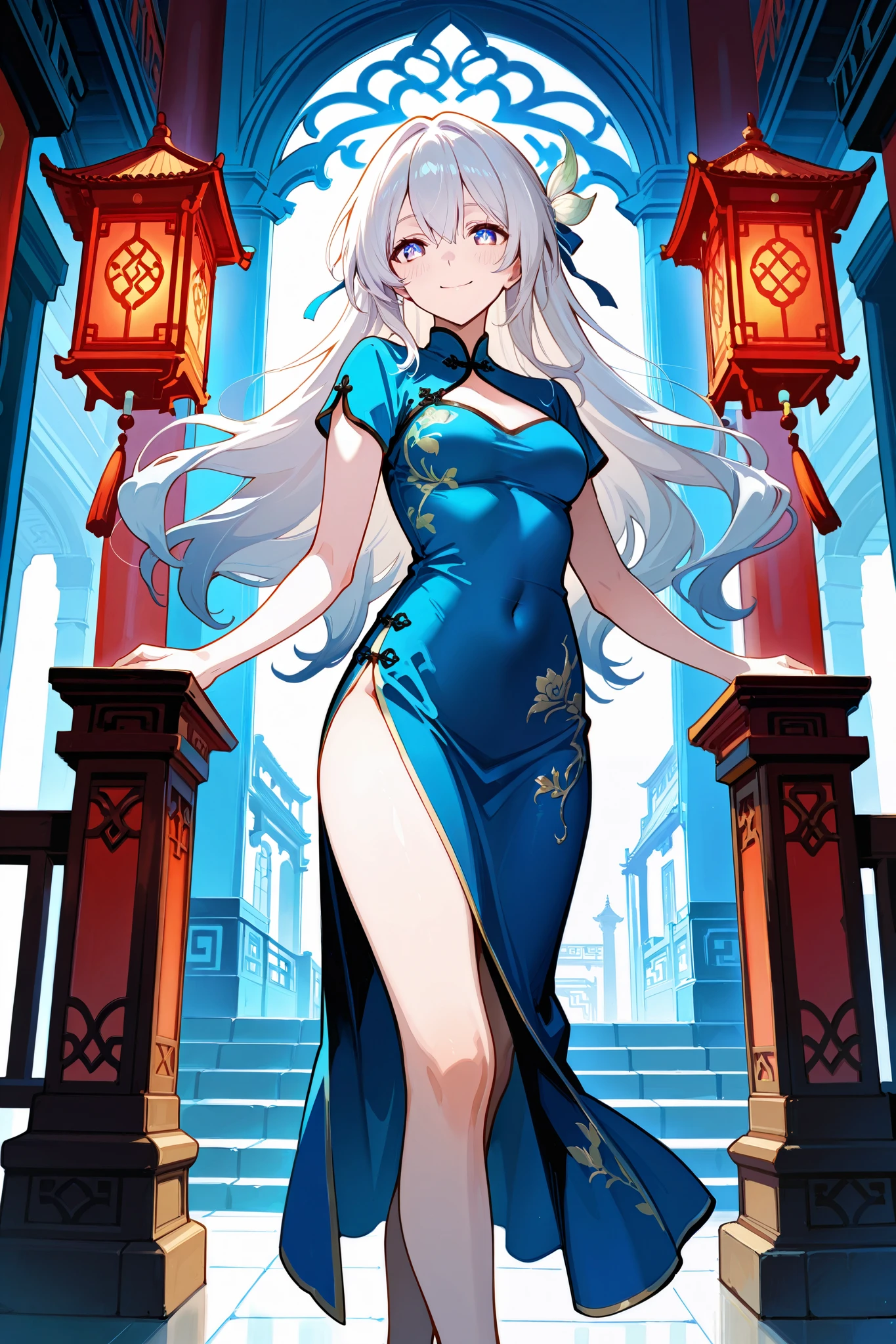 (score_9, score_8_up, score_7_up), source_anime, absurd_res, white, blue, black, 1girl, solo, super fine illustration, an extremely delicate and beautiful, best quality, masterpiece, 8K, beautiful college student, flowing hair, enchanting eyes, perfect proportions, graceful figure, anatomically perfect, detailed beautiful face, alluring smile, light blush, chinese dress, qipao, side slit dress, long legs, chinese palace, ornate traditional architecture, dragon pillars, red lanterns, elegant pose, cinematic angle, official art style, dynamic composition, sensual atmosphere, perfect lighting