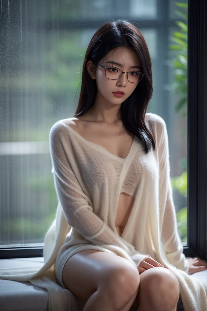 Sweet expression, Kneel down, Put your hands on, White glasses, White short hair, (8K, RAW photos, Reality:1.25) ,( Lip Gloss, eyelash, Shiny face, Smooth skin, best quality, Ultra-high resolution, Depth of Field, Chromatic Aberration, Caustics, Wide-angle light, Natural shadows, Korean Idol) Looking at the audience with calmness and goddess-like happiness, whole body, Large Breasts, White lingerie, black, Transparent shirt, White shirt, secretary