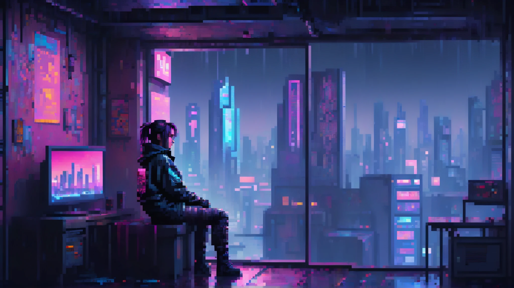 daydreamer sitting behind window in the cyberpunk apartment, rain and neons outside, pixel art, 8bit wallpaper, epic scene, perfect dark colour grading