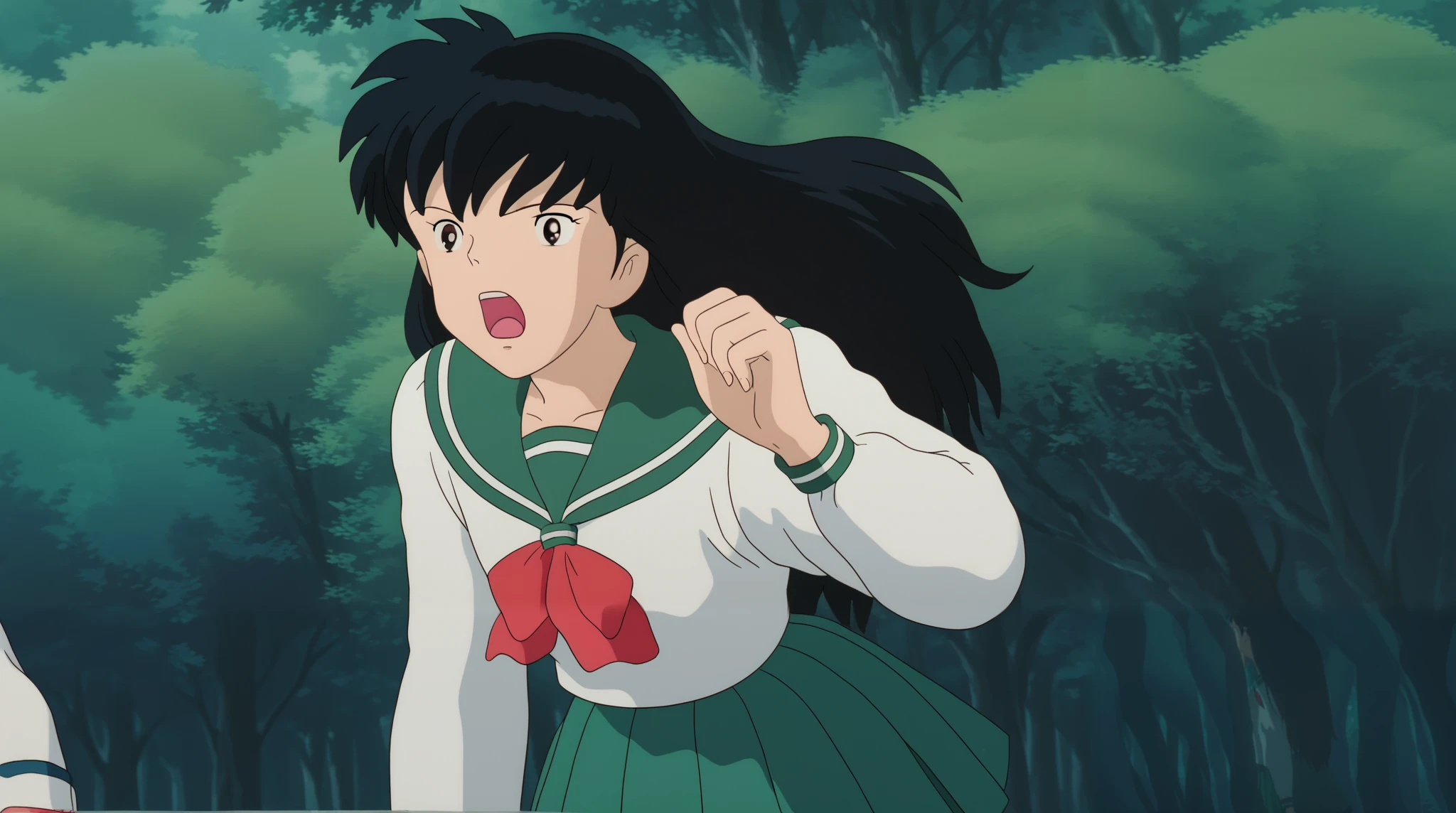 score_9, score_8_consolation, score_7_consolation, Source _ animation,
Kagome Higurashi , Kagome Higurashi, long hair, black hair, retro art style , brown eyes,
skirt, shirt, Long sleeves, , white shirt, pleated skirt, sera suit, sailor collar , muffler, green skirt, red muffler,
outdoors, forest, nature,
wakes up while yawning , Ghibli_style