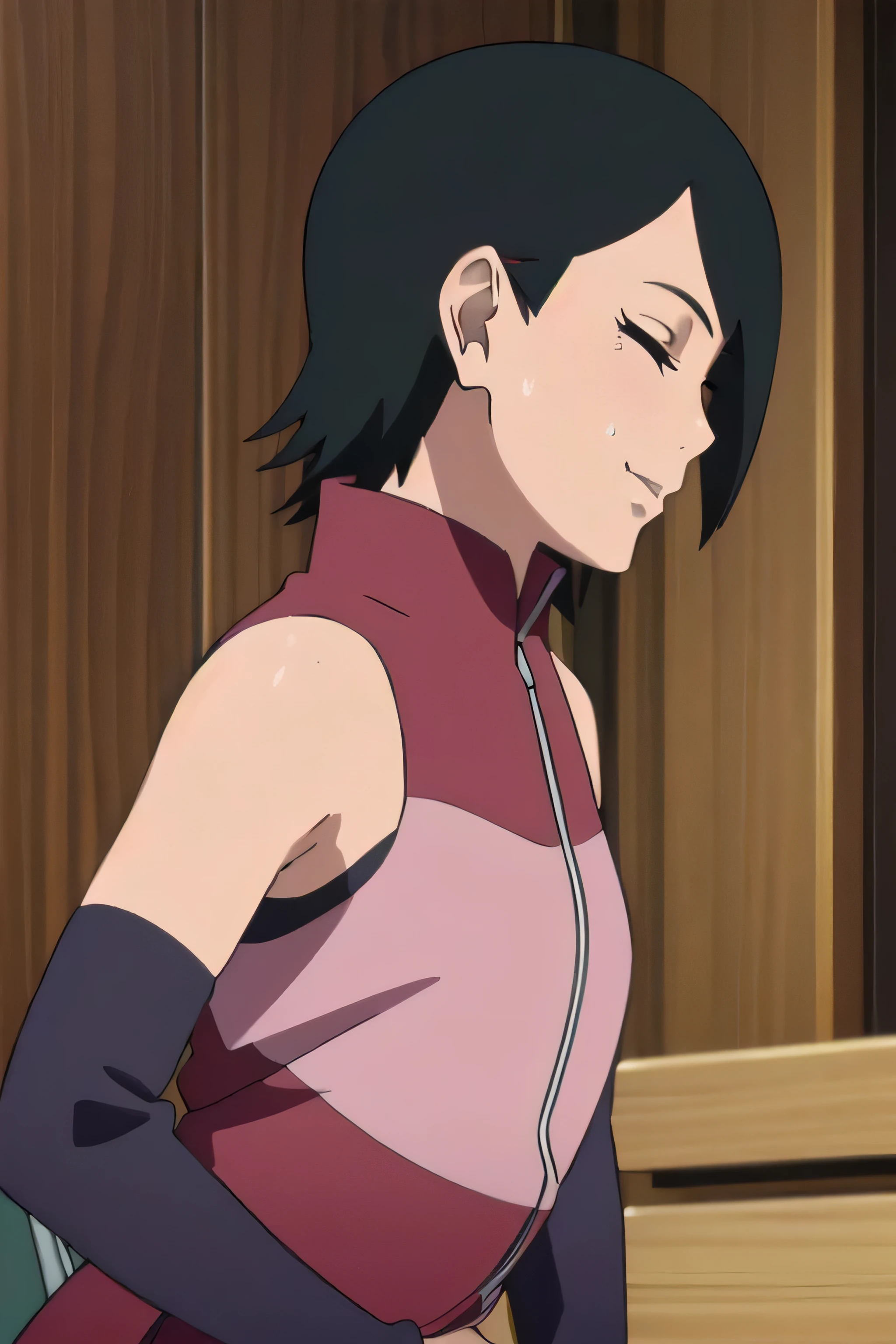 Sarada Uchiha,1girl, solo, upper body, side view, viewed from side, smile, sensual expression,eyes closed,leaning forwards,leaned forwards,sweaty