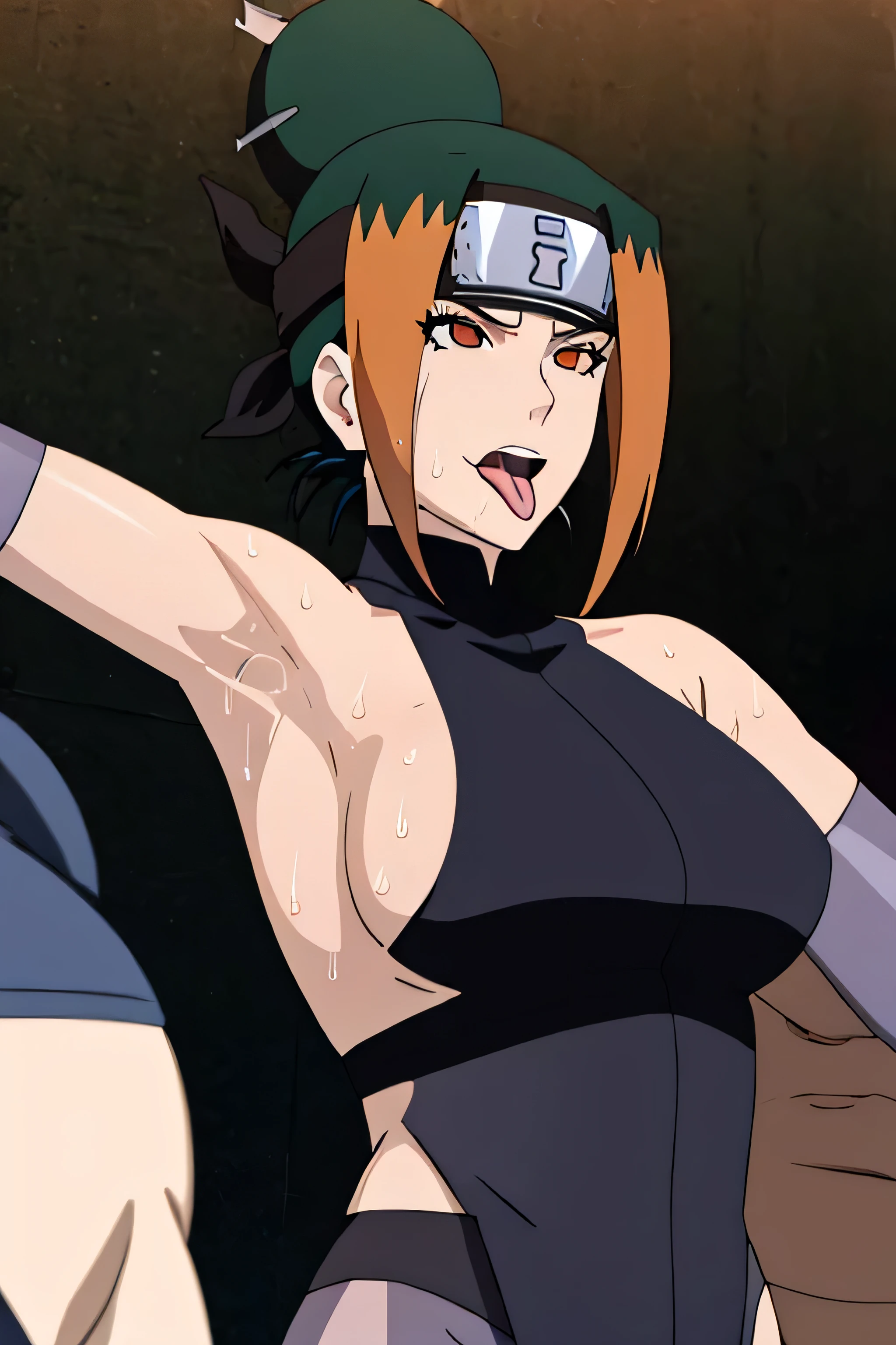 Pakura,human woman with fair skin.with orange eyes and black clothing. Her hair is orange/black in color; She is beautiful. Fair skin.Tsundere face. Pink eye shading,mature appearance,armpits,sweat,sweaty,sweaty armpits,arms up,showing armpits,awesome armpits,outfit,blackish red arm warmers,black arm bands,black arm warmers,tongue