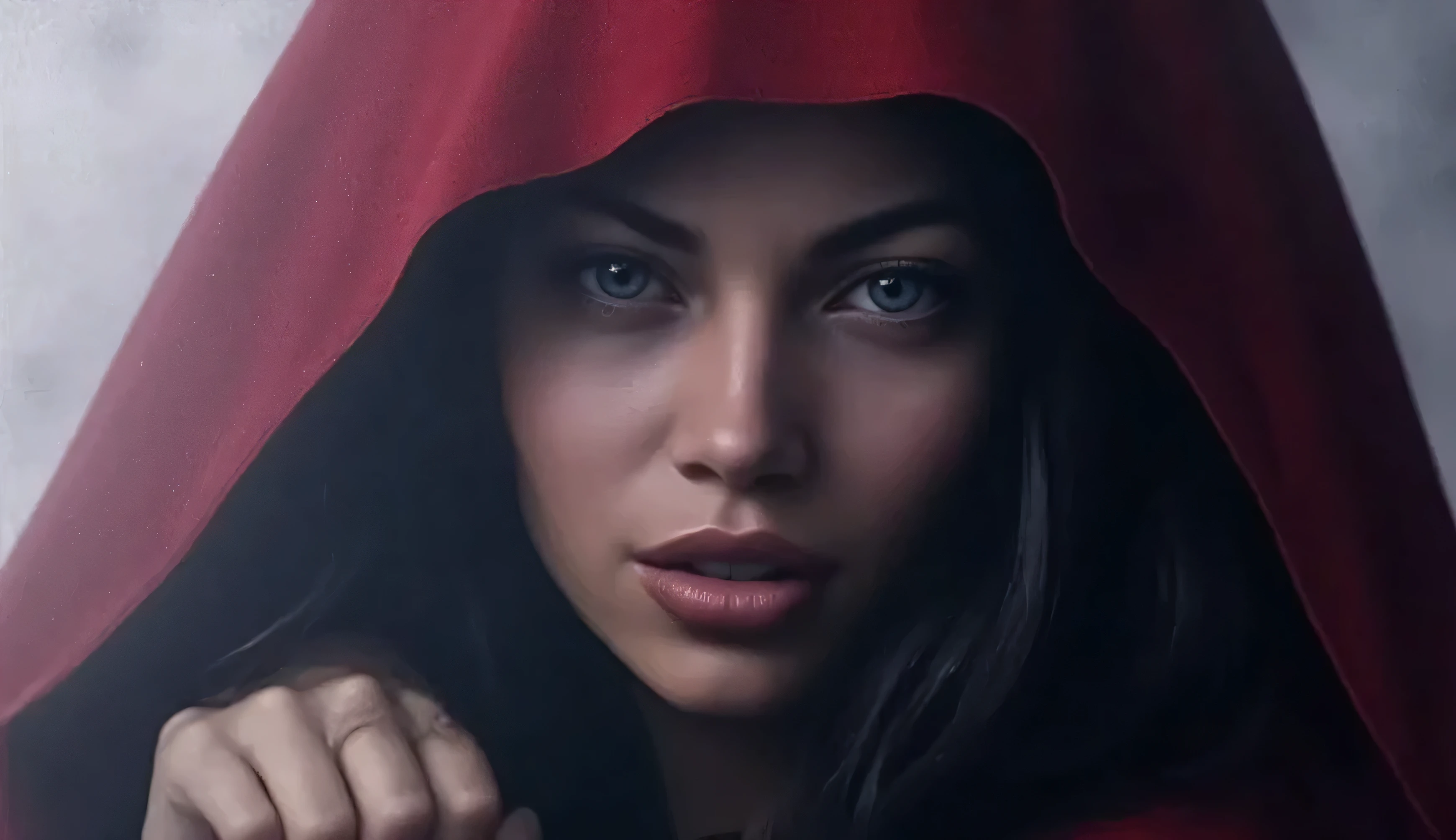 cinematic film still of Little Red Riding Hood a woman in a red hoodie, long hair, looking at viewer, blue eyes, black hair, teeth, hood, blurry, fangs, sharp teeth, glowing eyes, hood up, red hood, closeup, shallow depth of field, vignette, highly detailed, high budget, bokeh, cinemascope, moody, epic, gorgeous, film grain, grainy. smokey fogs, mist