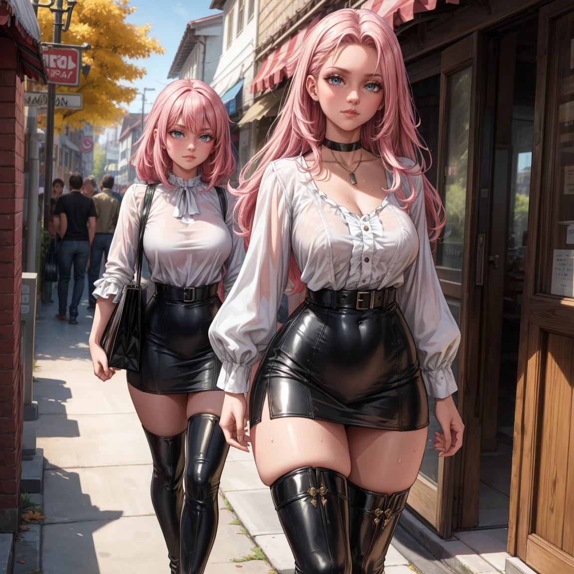 Thick curly short blonde and pink hair, sharp dark brow eyes, busty, thick, full body, edgy clothes, Tiara, even eyes, even face