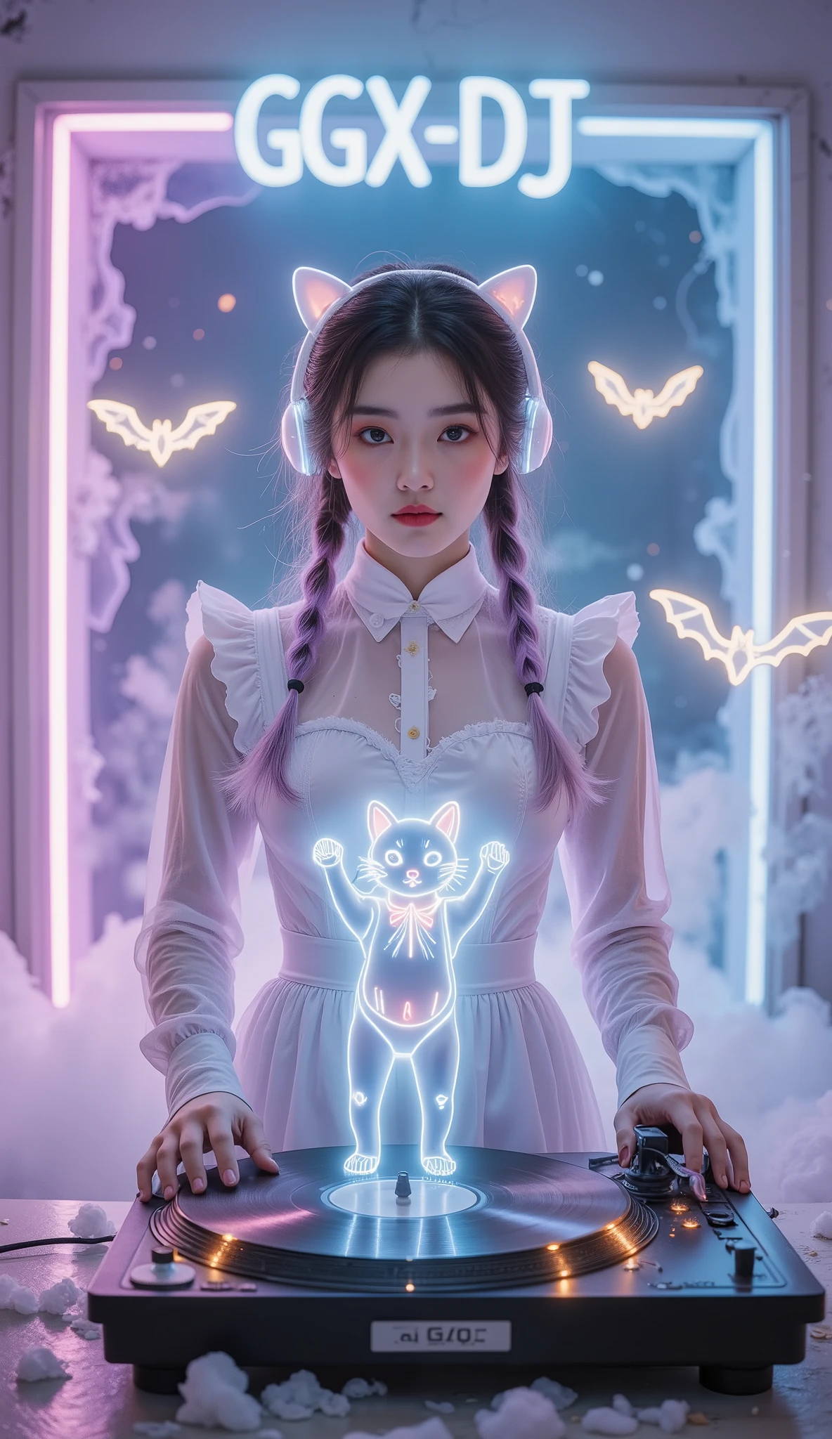 Full Color, (transparency:2.0), Girl's body faces the audience ，She wears light-emitting headphones🎧， wearing a maid costume on the bench，The background wall has a glowing aperture，Close shot，
rest Ultra-realism,   Detailed Realistic Skin Textures ,    detailed intricate textures   ,   Details and Intricate Brushstrokes  , Clear details depict ,  Clear Description , Aesthetic  , The girl is wearing a glowing maid outfit ，
Girl with cat,  Night club girl at the club  ,   cyberpunk ,   white purple gradient long braids  , Neon holographic transparent cat dancing like a human, rest Neon Art Background,   movie lighting effects  ,   transparent light  ,  Mysterious Light Mango ,  Magic Fog , Careful , 
rest ((Phantom rainbow  , holographic)), (詳細で Clear Description , transparency:1.6),The girl's lower body was blocked by a record player returning to work ，她的手放在 retro record player / retro record player / On an old record player， glowing cat waving a bat on a vintage record player ， girl wearing glowing headphones on a vintage record player：1.2， A neon capital letter appears directly above the background"GGX—DJ "：1.4， with three flying little neon bats in the background ，The future is a mixer with various instruments