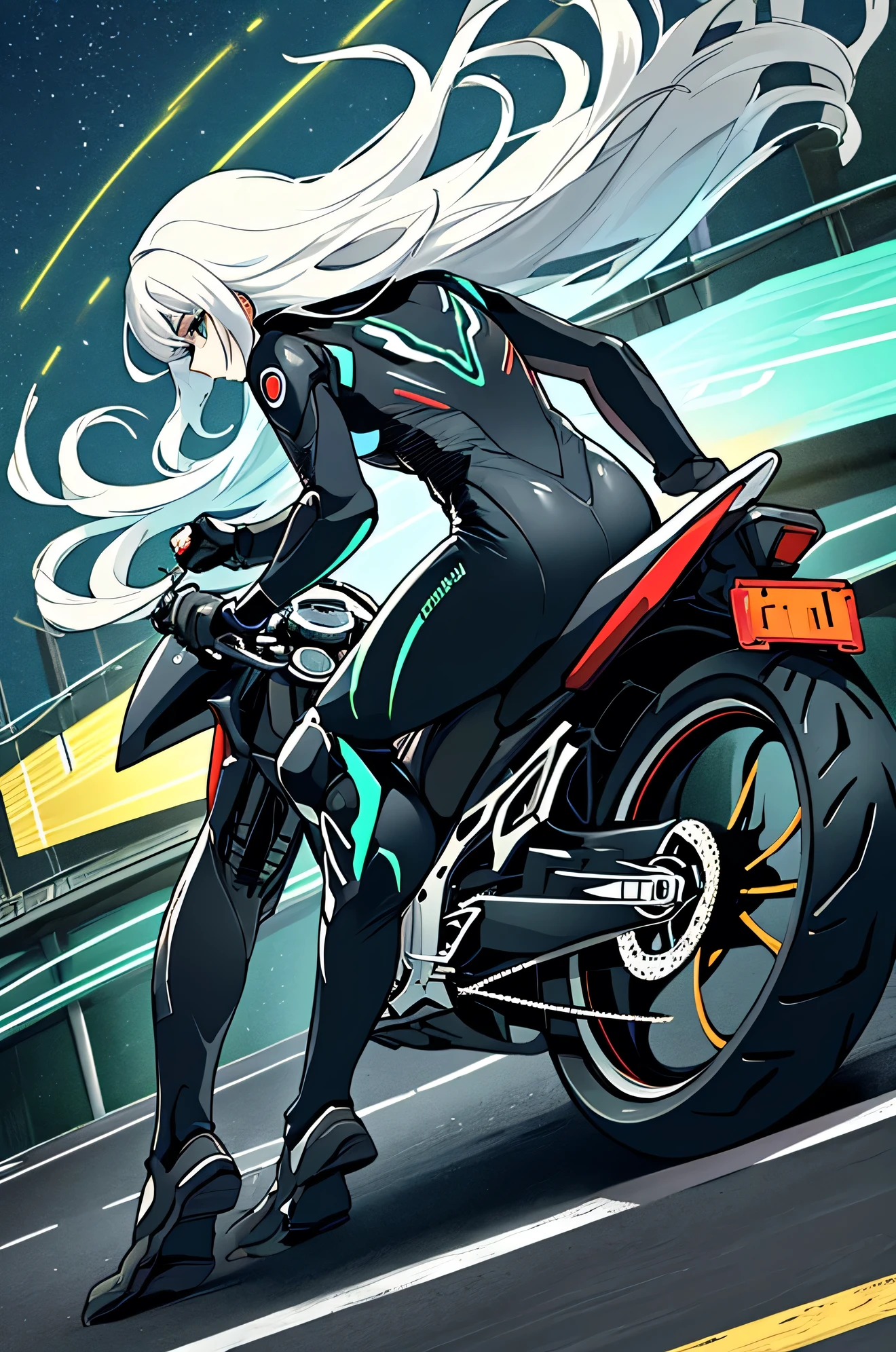 best quality, masterpiece, 1 girl, anime style,white hair, blue highlight hair,ride motorbike ,at night,at the highway,full body, dynamic angle,motorbike suit,back dynamic view camera