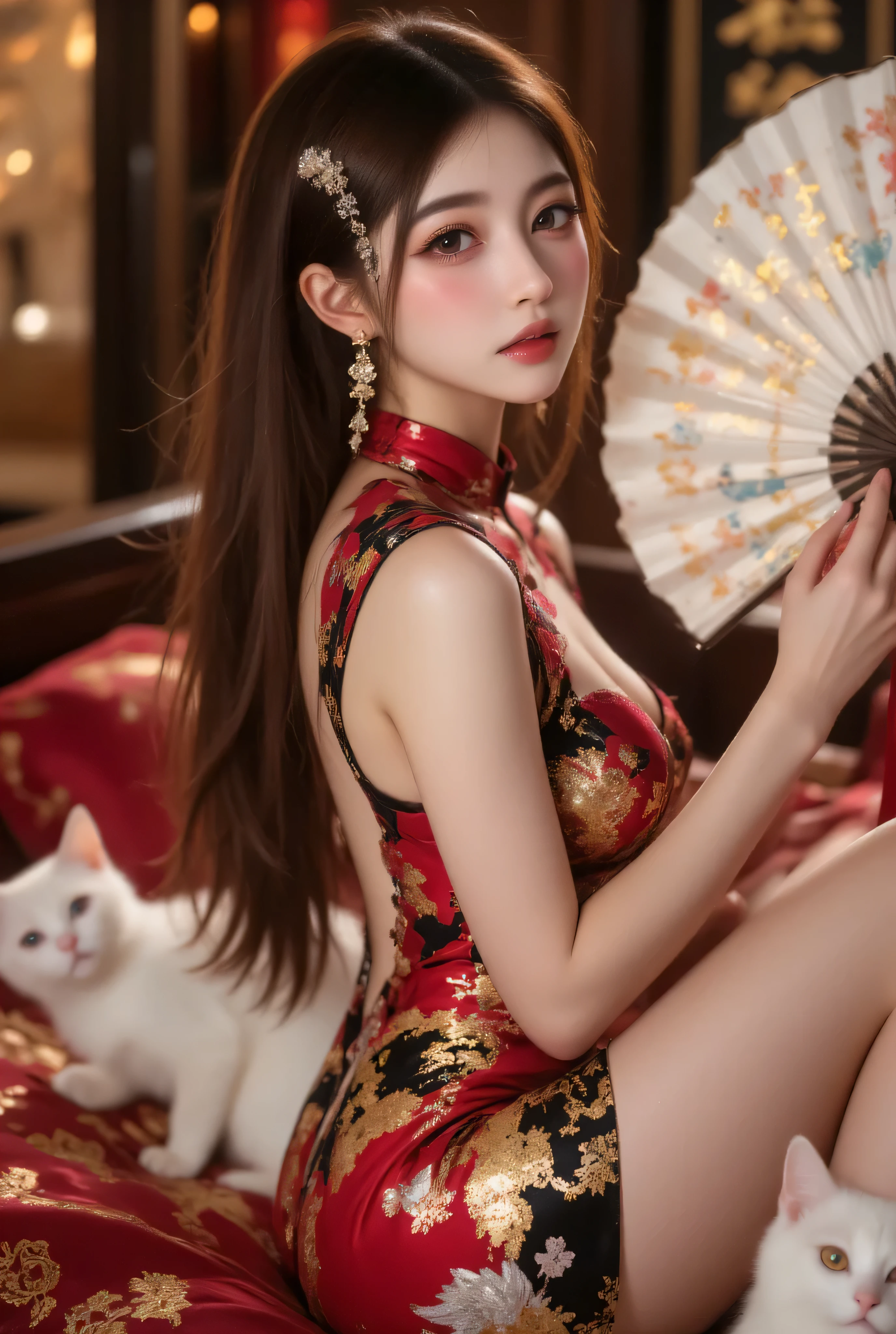 ((highest quality)), ((masterpiece)), (get used to it), perfect face, fox girl, Beautiful woman, public, A tail is growing, she has a fluffy tail, she has a fox tail, she wags her tail, smile, collar, She is wearing a Chinese dress, beautiful hip line, big breasts , big tail
