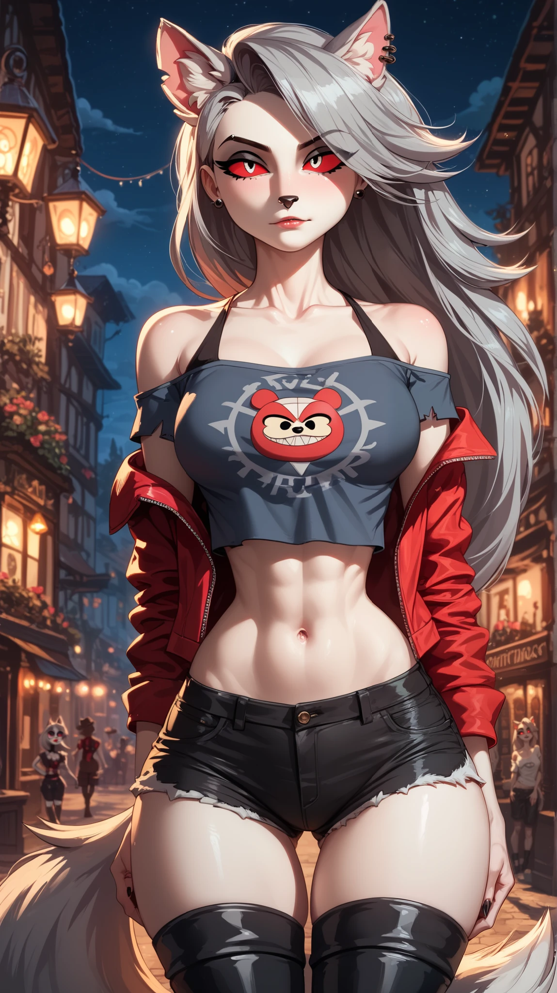 Perfect eyes, perfectly sexy face , extremely detailed, looking at the spectator, red eyes, loona, hazbin hotel, wide hips , animal ear, animal ears , animal nose, tail, shorts brancos, short shorts , thigh boots, short top, apenas_shoulder, Fantasy, night, standing,