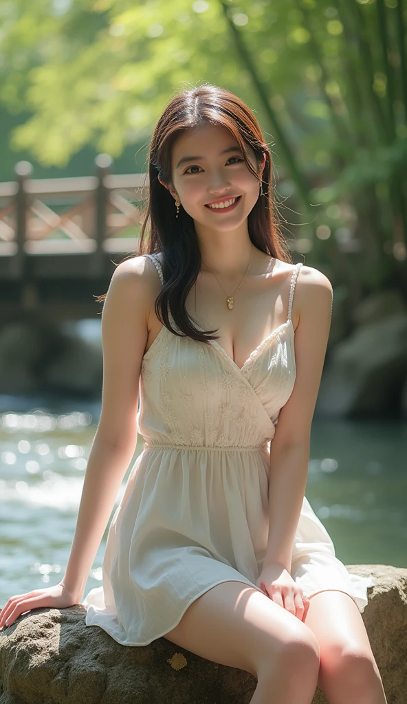 1 pretty girl,white skinned,brown hair,summer dress,looking at viewer,pony tails,river,Brown eyes,Realistis,small chest,Medium breasts,happy smile,low chest,Above the knee frame, in love, romantic
