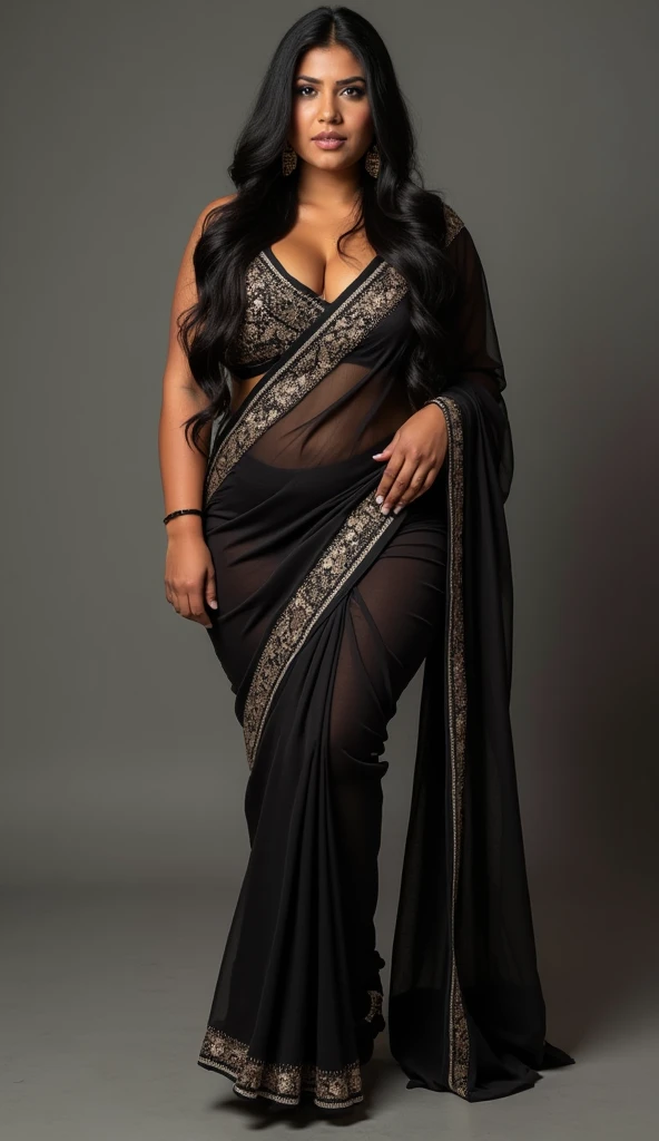 Perfect  Indian sexy fittest wife with embroidered soft net black saree, No blouse, Gold color Victoria's bra , HDR, 8k, hyper detailed, best quality, ultra-high resolution, HDR, 8k, walking on the lawn , look at viewer, waist level view, bright smile, wearing platinum ornaments, casual pose ,  average body with 36 D size breasts,26 hip size and 36 waist size, waist level view, show background 
