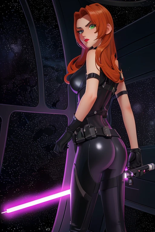Full body photographic tract, from head to toe, by X-Man Rogue Imogen Poots, furious round eyes colored and realistic, dark and gloomy atmosphere, superhero costume, (normal breasts and ass), awesome illustration, very sexy beauty IA woman, long red and white hair, perfect mouth and lips, Godmachine style, a deep dark space atmosphere, space background, realistic, staring at camera, wearing a very sexy X-Man Rogue cosplay costume