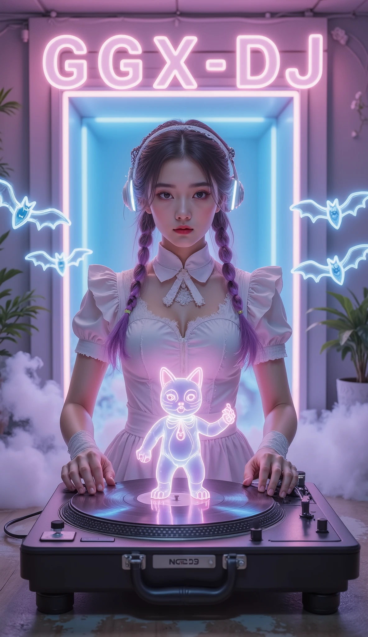Full Color, (transparency:2.0), Girl's body faces the audience ,She wears light-emitting headphones🎧, wearing a maid costume on the bench,The background wall has a glowing aperture,Close shot,
rest Ultra-realism, Detailed Realistic Skin Textures , detailed intricate textures , Details and Intricate Brushstrokes , Clear details depict , Clear Description , Aesthetic , The girl is wearing a glowing maid outfit ,
Girl with cat, Night club girl at the club , cyberpunk , white purple gradient long braids , Neon holographic transparent cat dancing like a human, rest Neon Art Background, movie lighting effects , transparent light , Mysterious Light Mango , Magic Fog , Careful ,
rest ((Phantom rainbow , holographic)), (詳細で Clear Description , transparency:1.6),The girl's lower body was blocked by a record player returning to work ,她的手放在 retro record player / retro record player / On an old record player, glowing cat waving a bat on a vintage record player , girl wearing glowing headphones on a vintage record player:1.2, A neon capital letter appears directly above the background"GGX—DJ ":1.4, with three flying little neon bats in the background ,The future is a mixer with various instruments